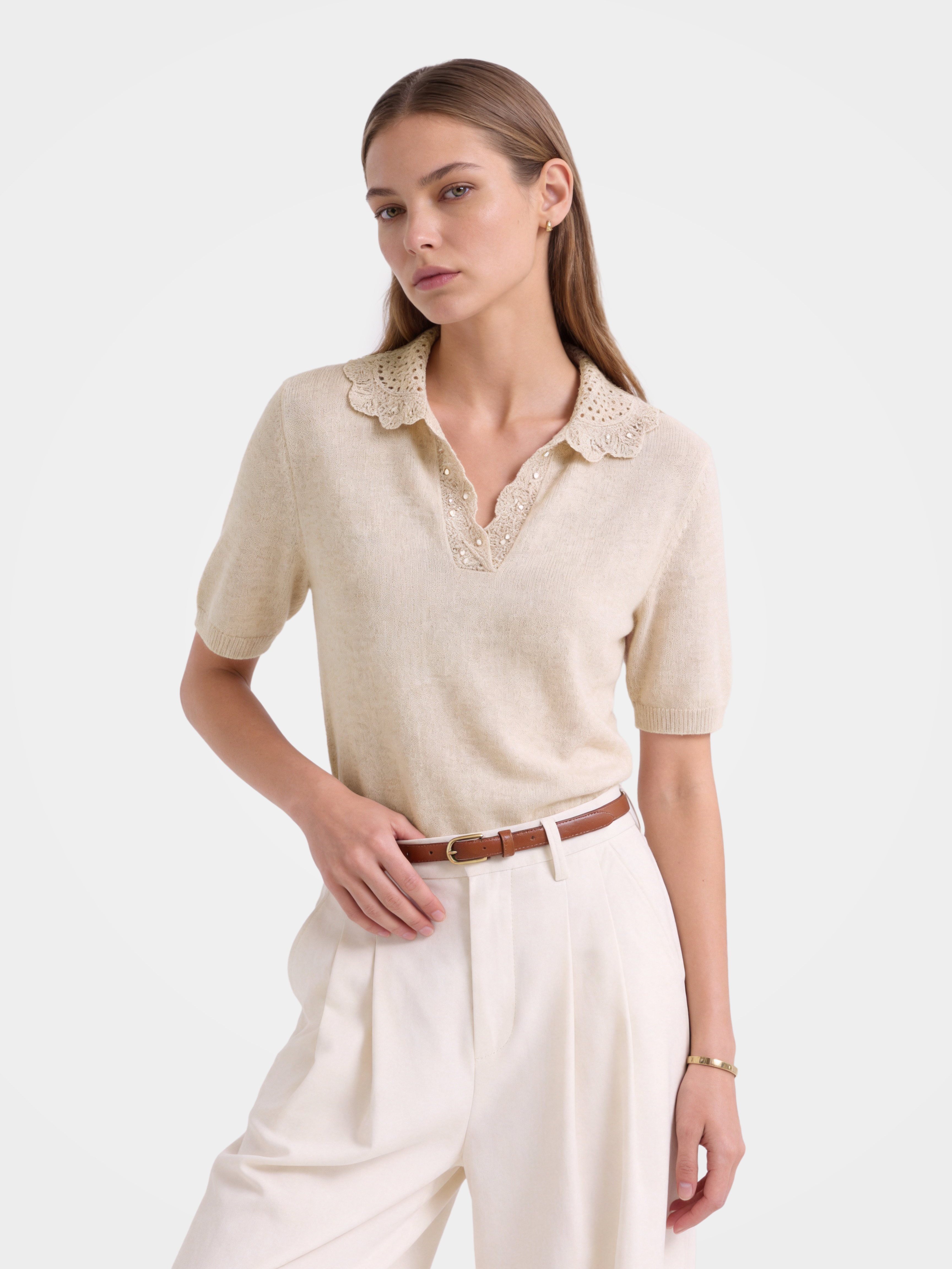 100% Cashmere Openwork Knit Polo Short Sleeve Top