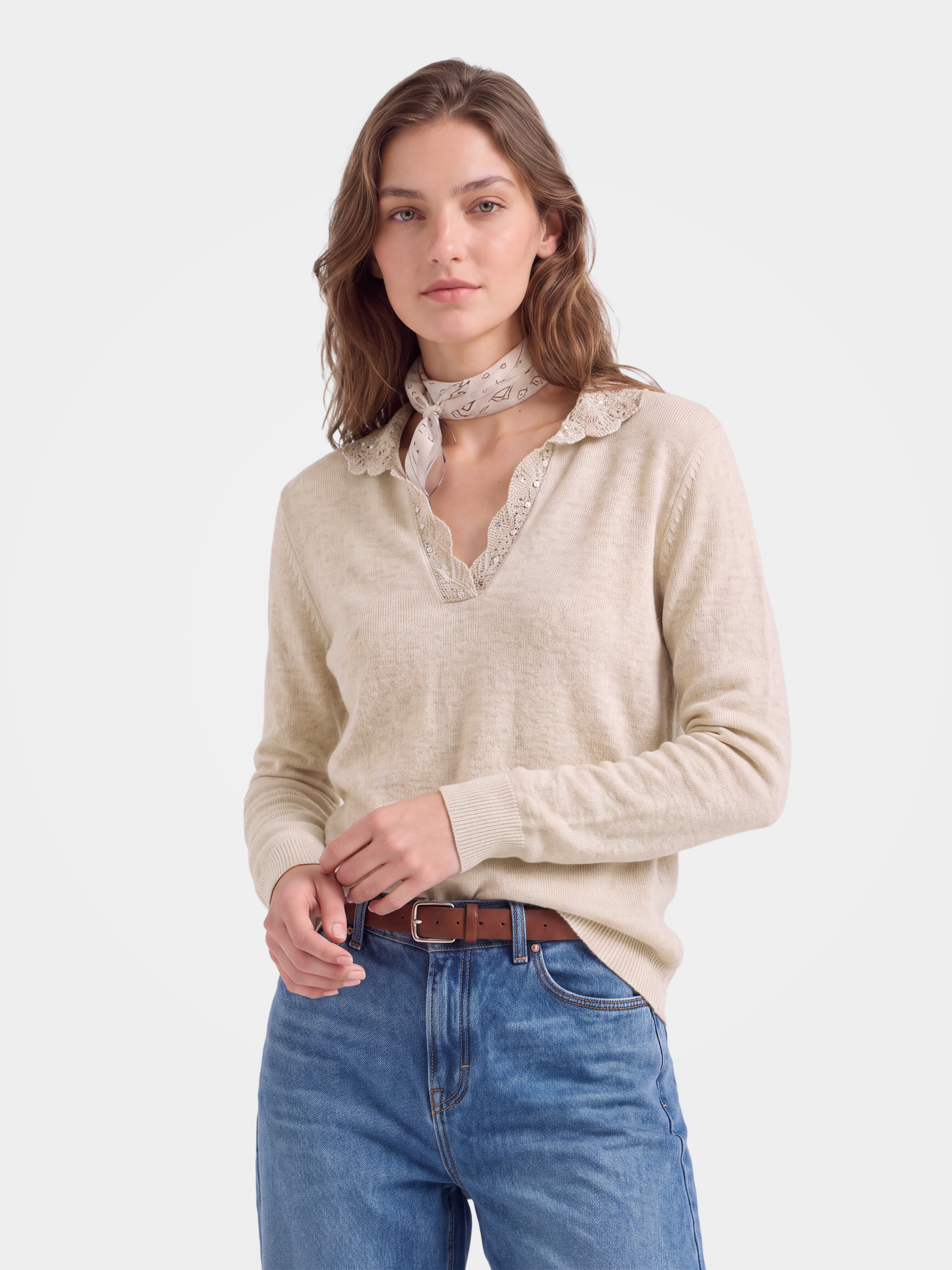 100% Cashmere Openwork Knit Polo Long Sleeve Sweater