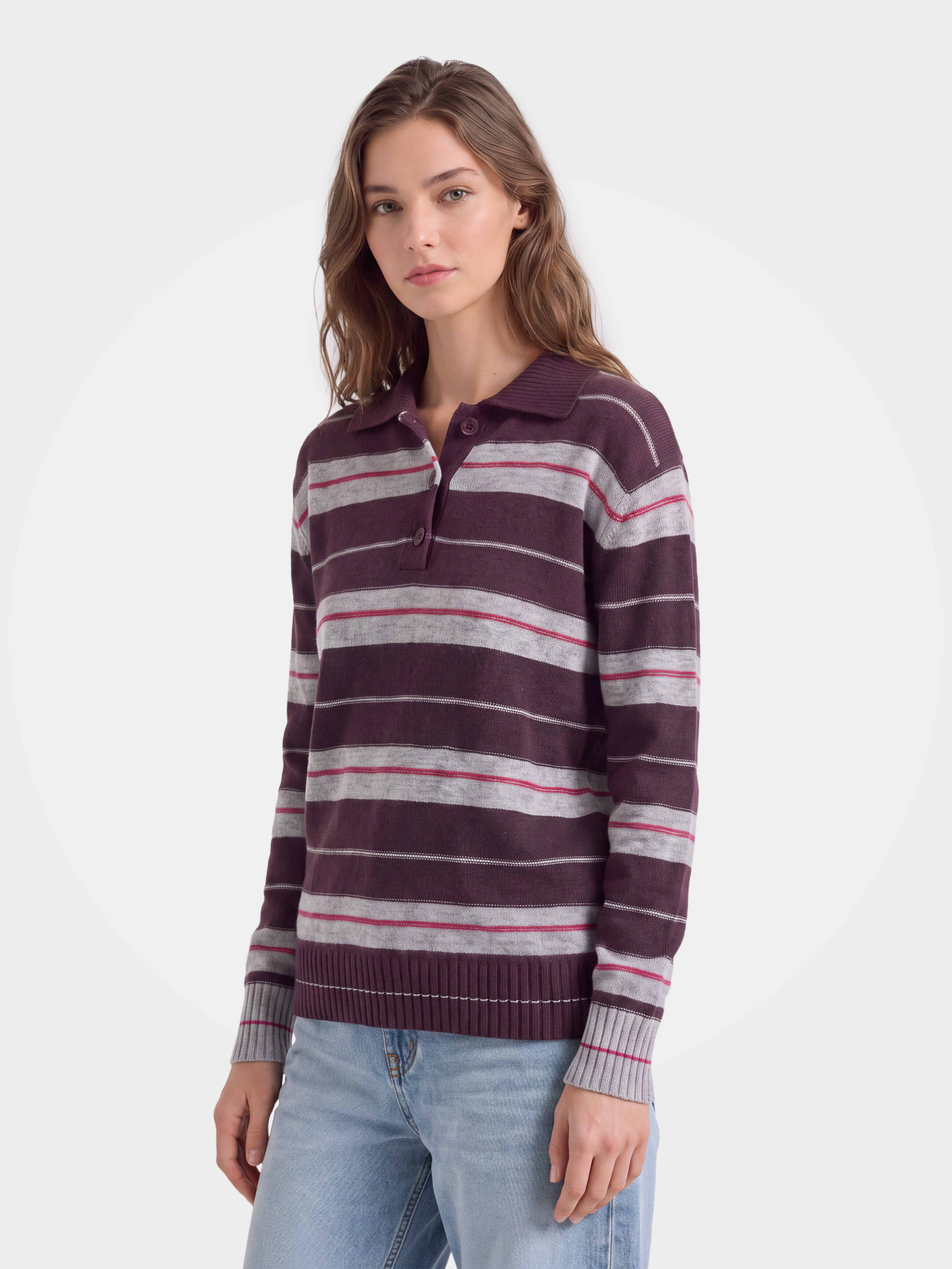 100% Cashmere Striped Polo Collar Knit Sweater