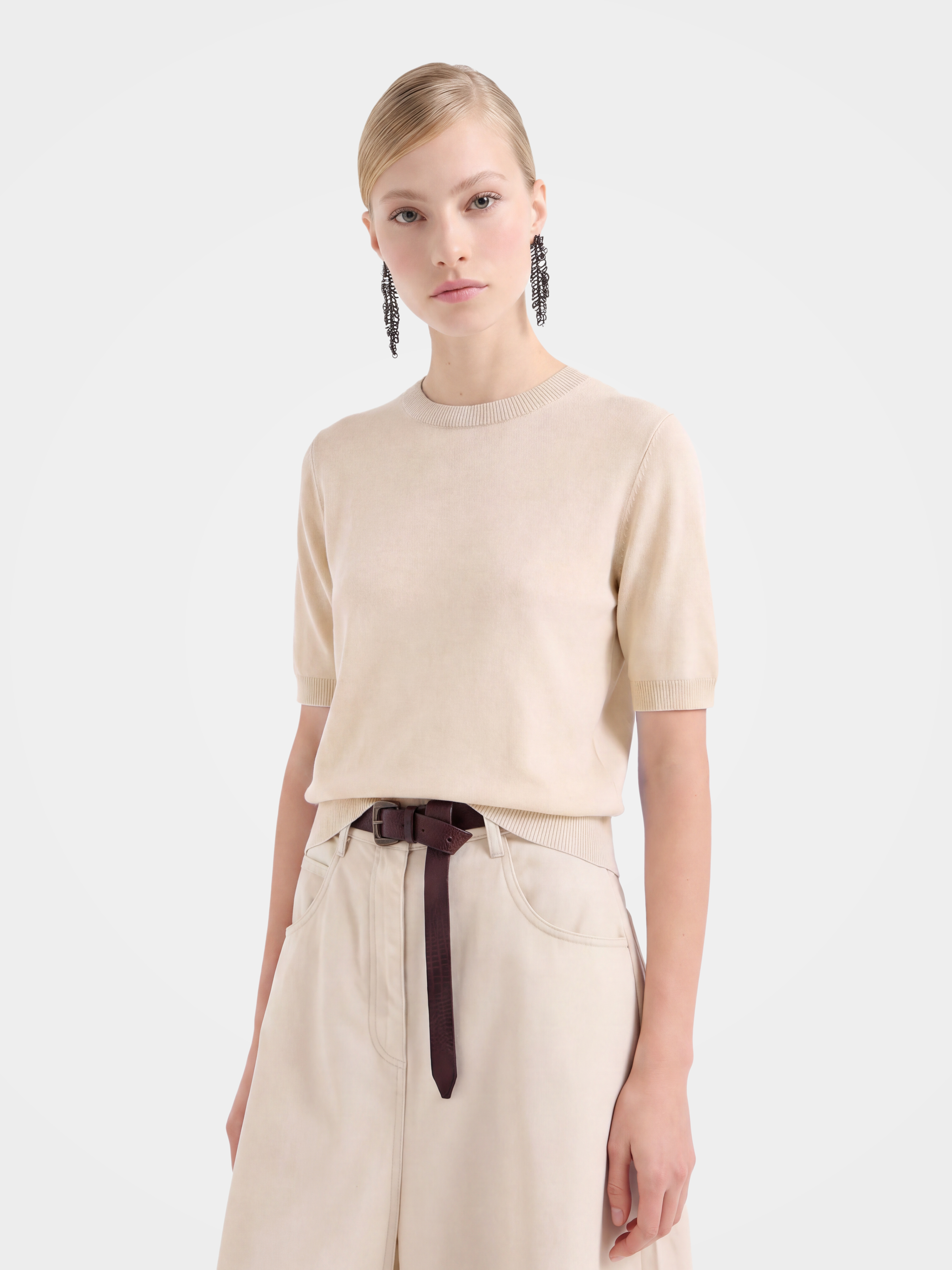 Cashmere Tencel Blend Soft & Lightweight Short Sleeve Knit Top – Crew Neck, Beige/Black/Gray