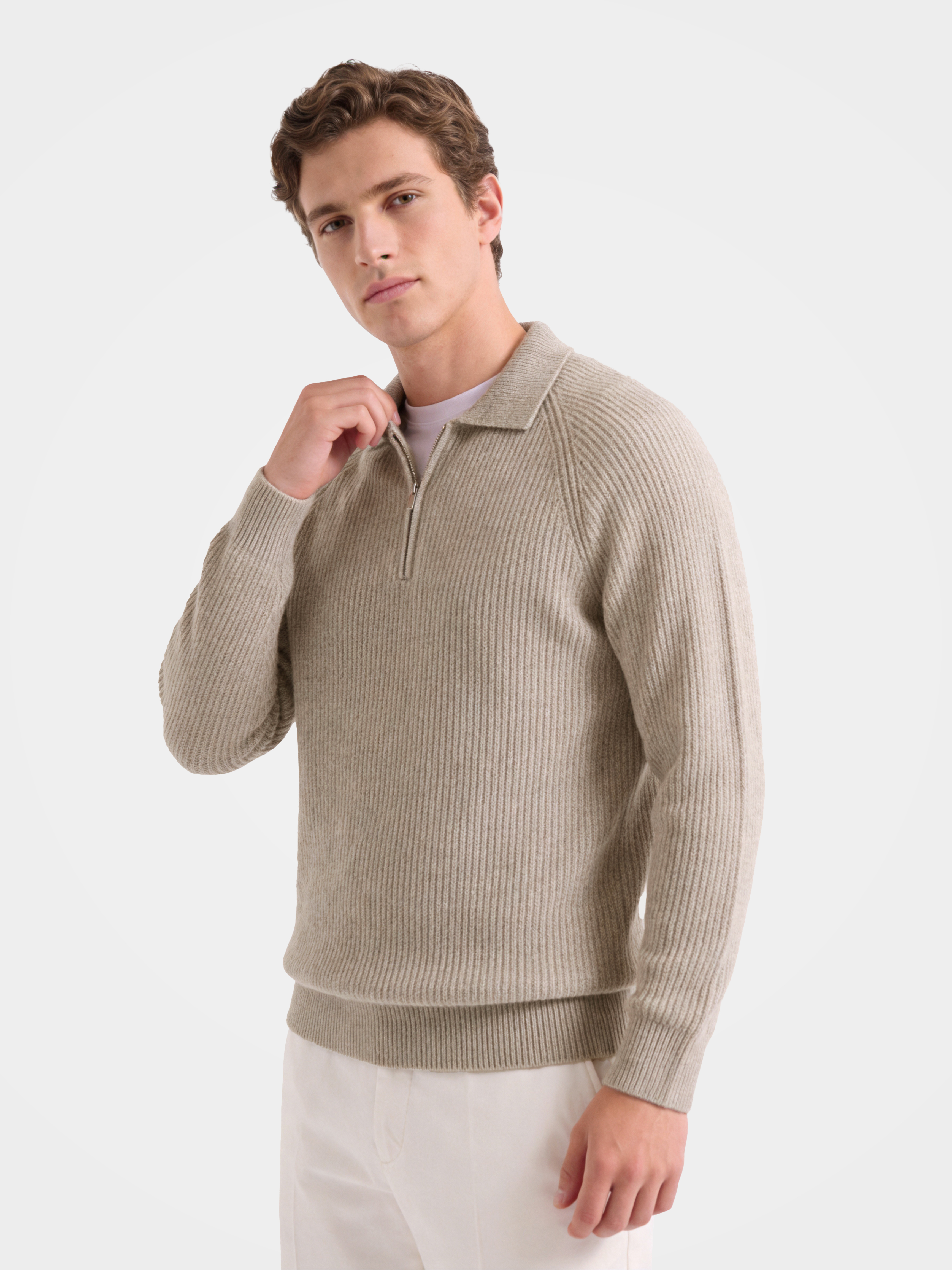 Pre-Order | Men's 100% Cashmere Rib Knit Collared Quarter-Zip Sweater (10-14 Business Days)