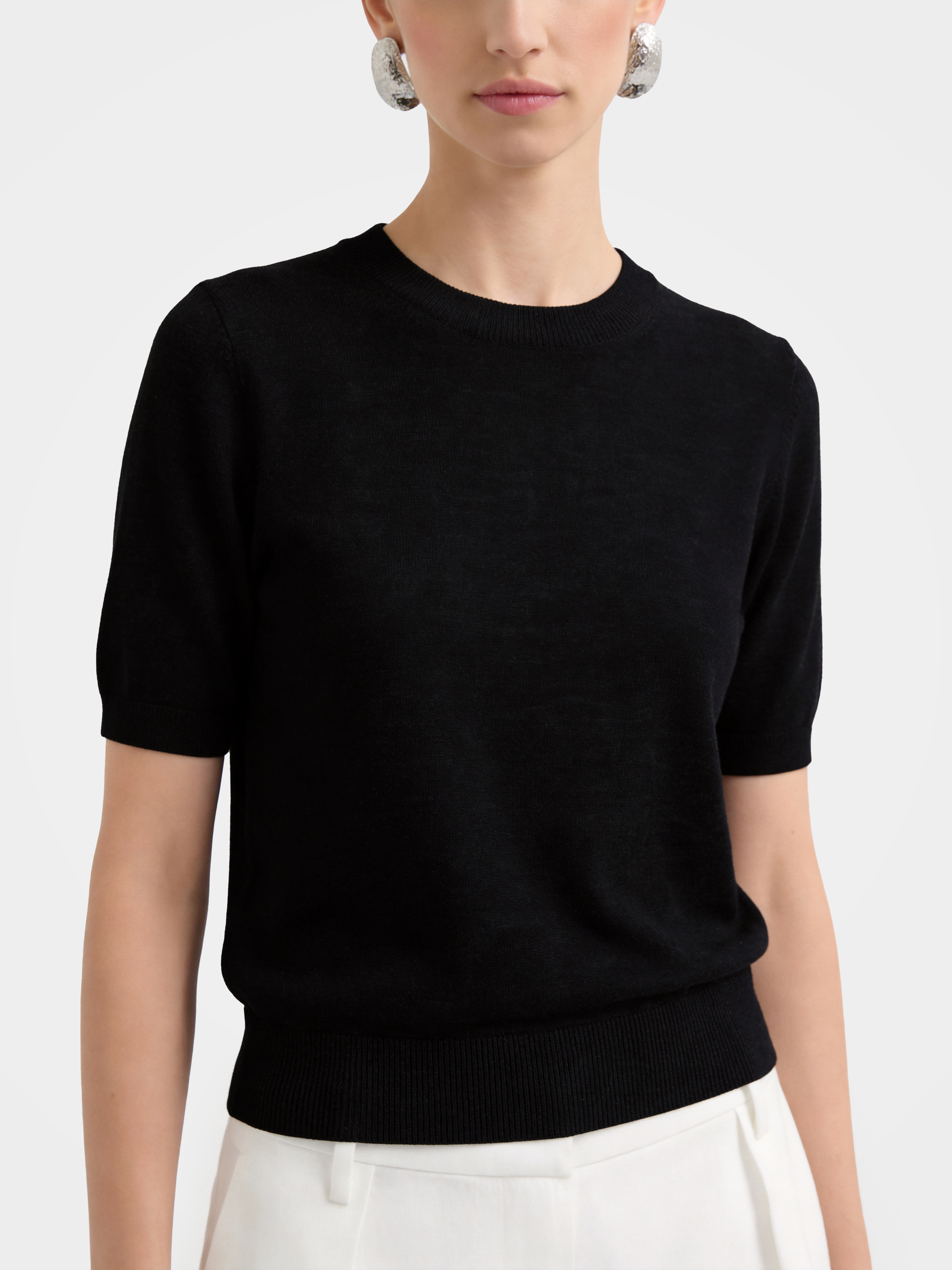 Cashmere Tencel Blend Soft & Lightweight Short Sleeve Knit Top – Crew Neck, Beige/Black/Gray