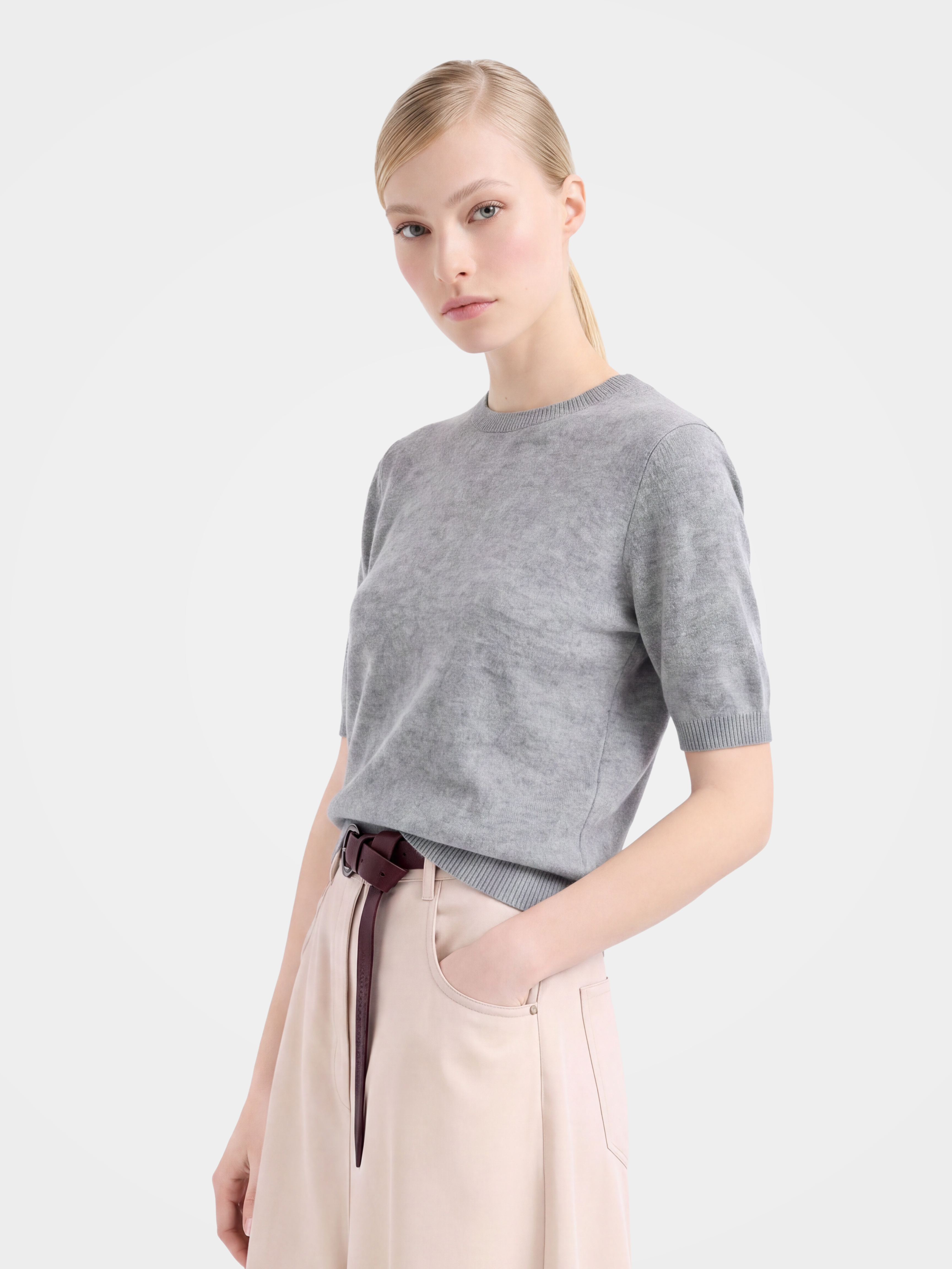 Cashmere Tencel Blend Soft & Lightweight Short Sleeve Knit Top – Crew Neck, Beige/Black/Gray