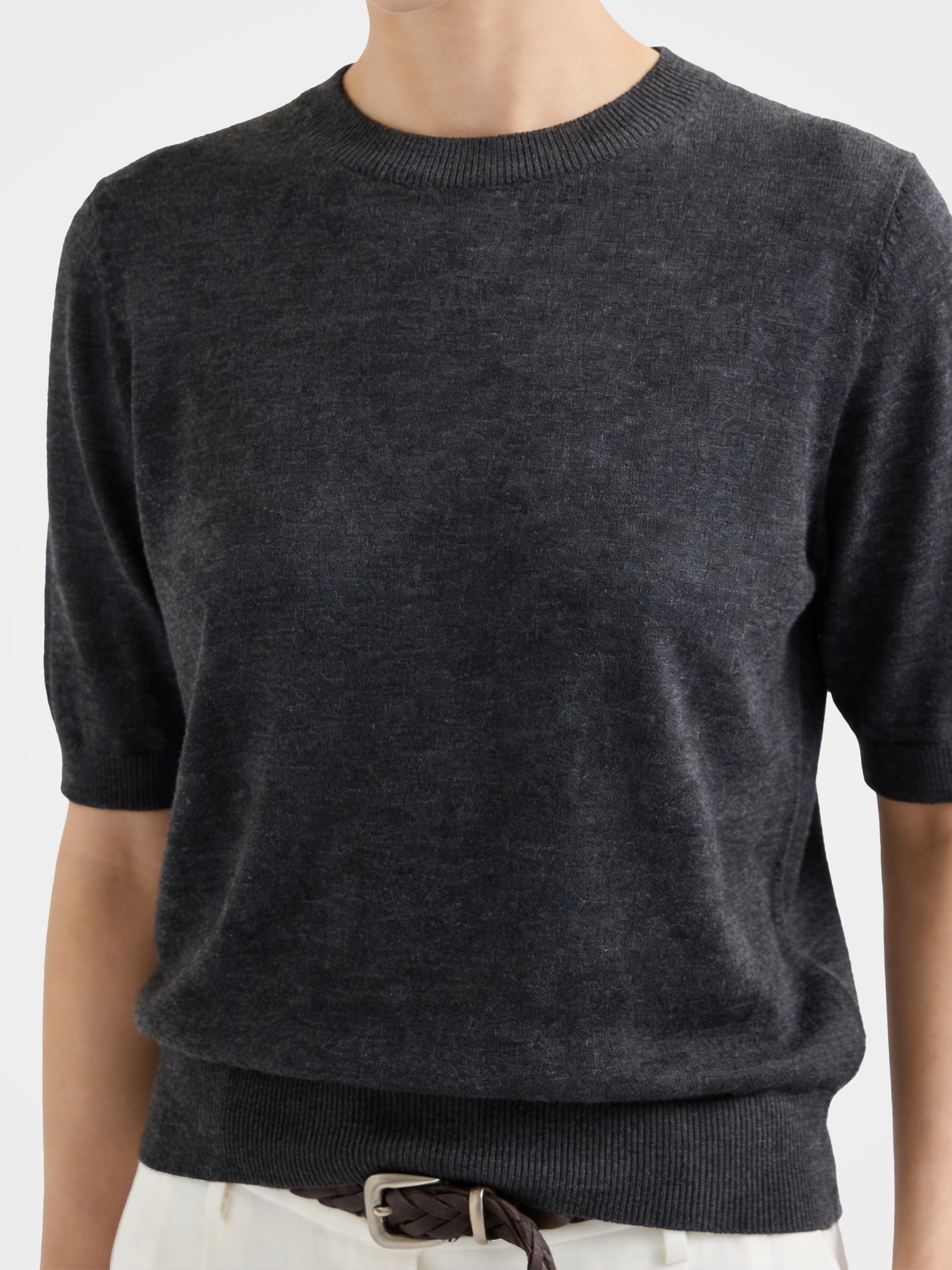 Cashmere Tencel Blend Soft & Lightweight Short Sleeve Knit Top – Crew Neck, Beige/Black/Gray