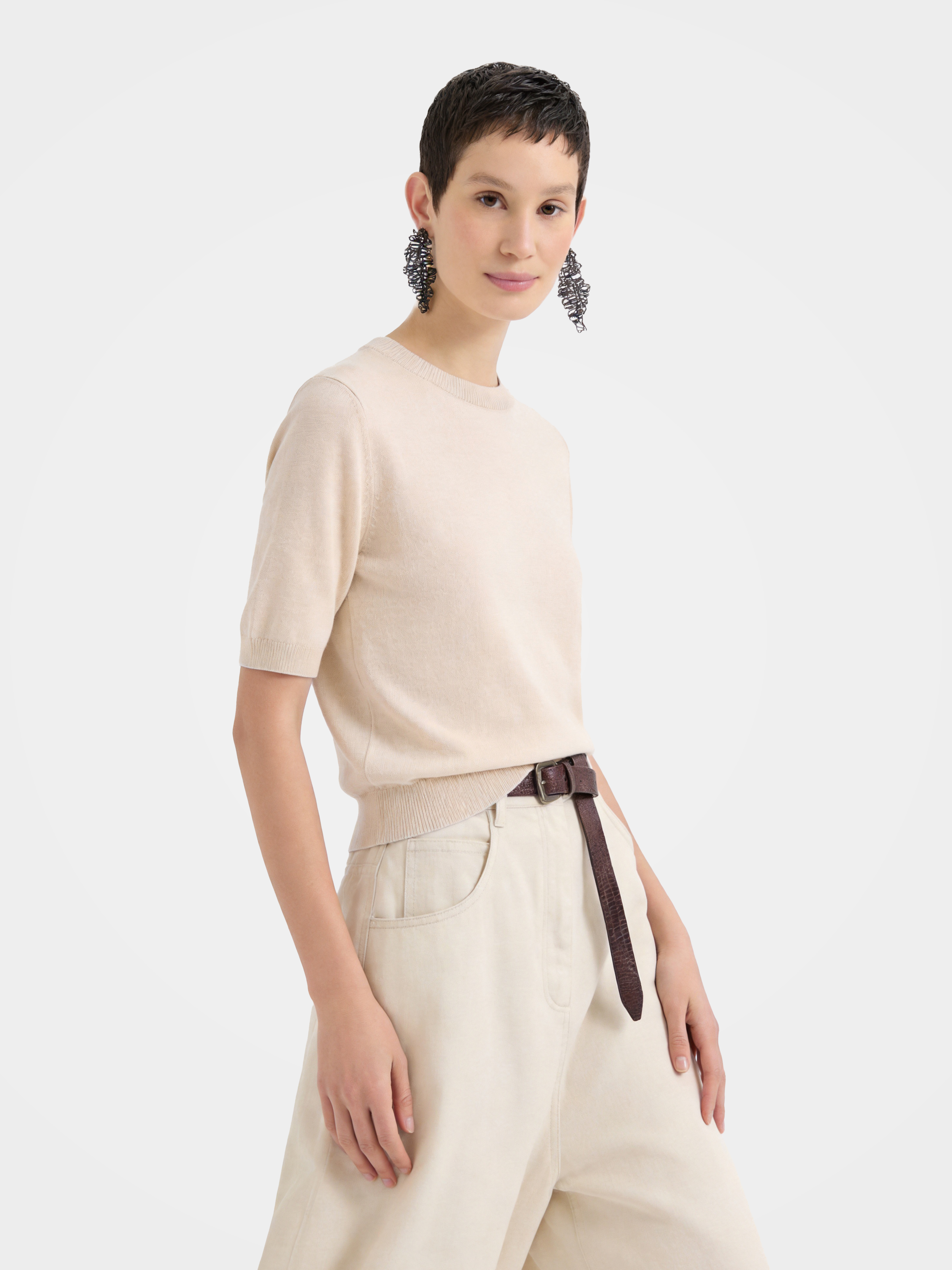 Cashmere Tencel Blend Soft & Lightweight Short Sleeve Knit Top – Crew Neck, Beige/Black/Gray