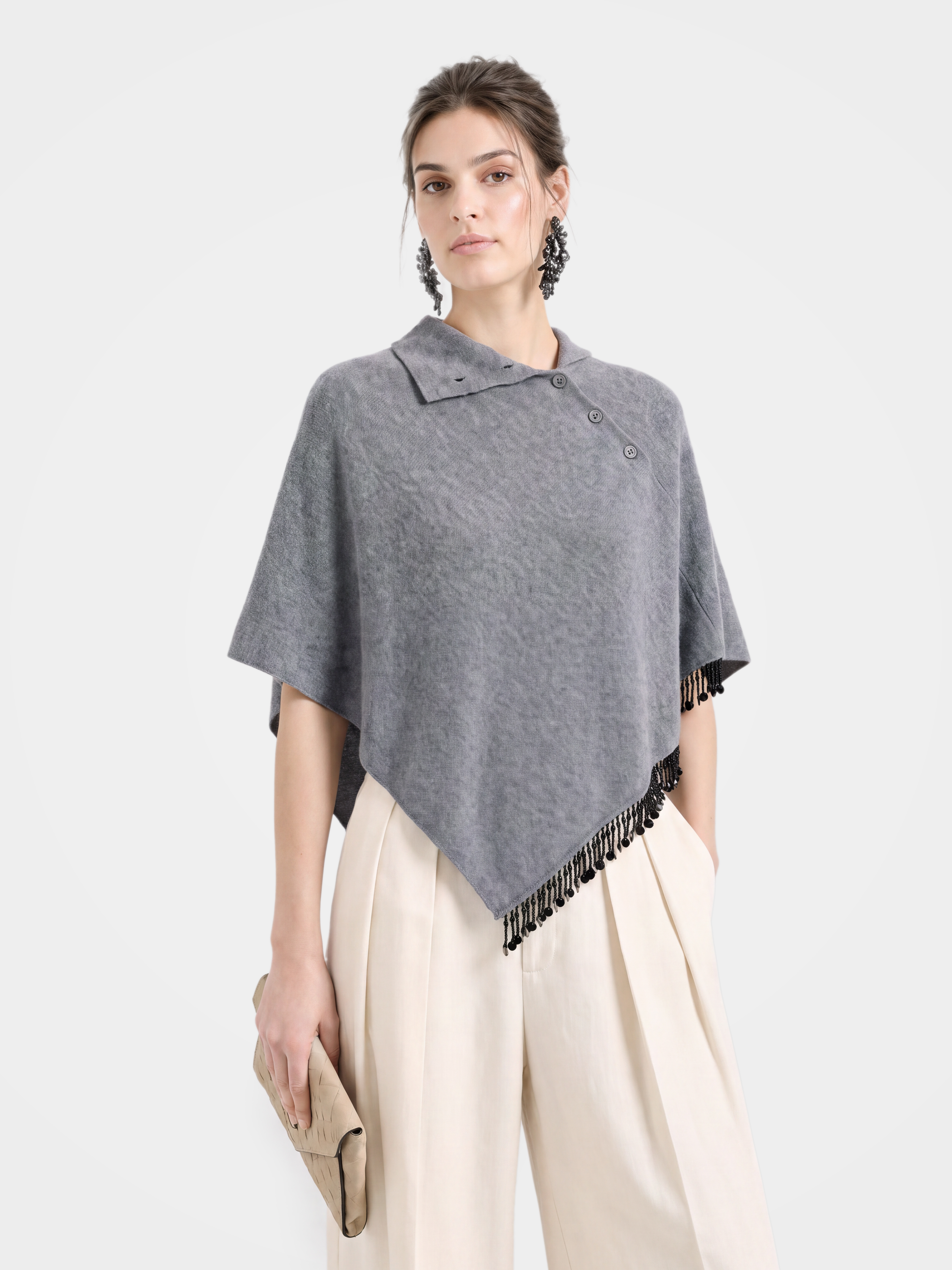 100% Cashmere Buttoned Collared Poncho Cape With Beaded Fringe