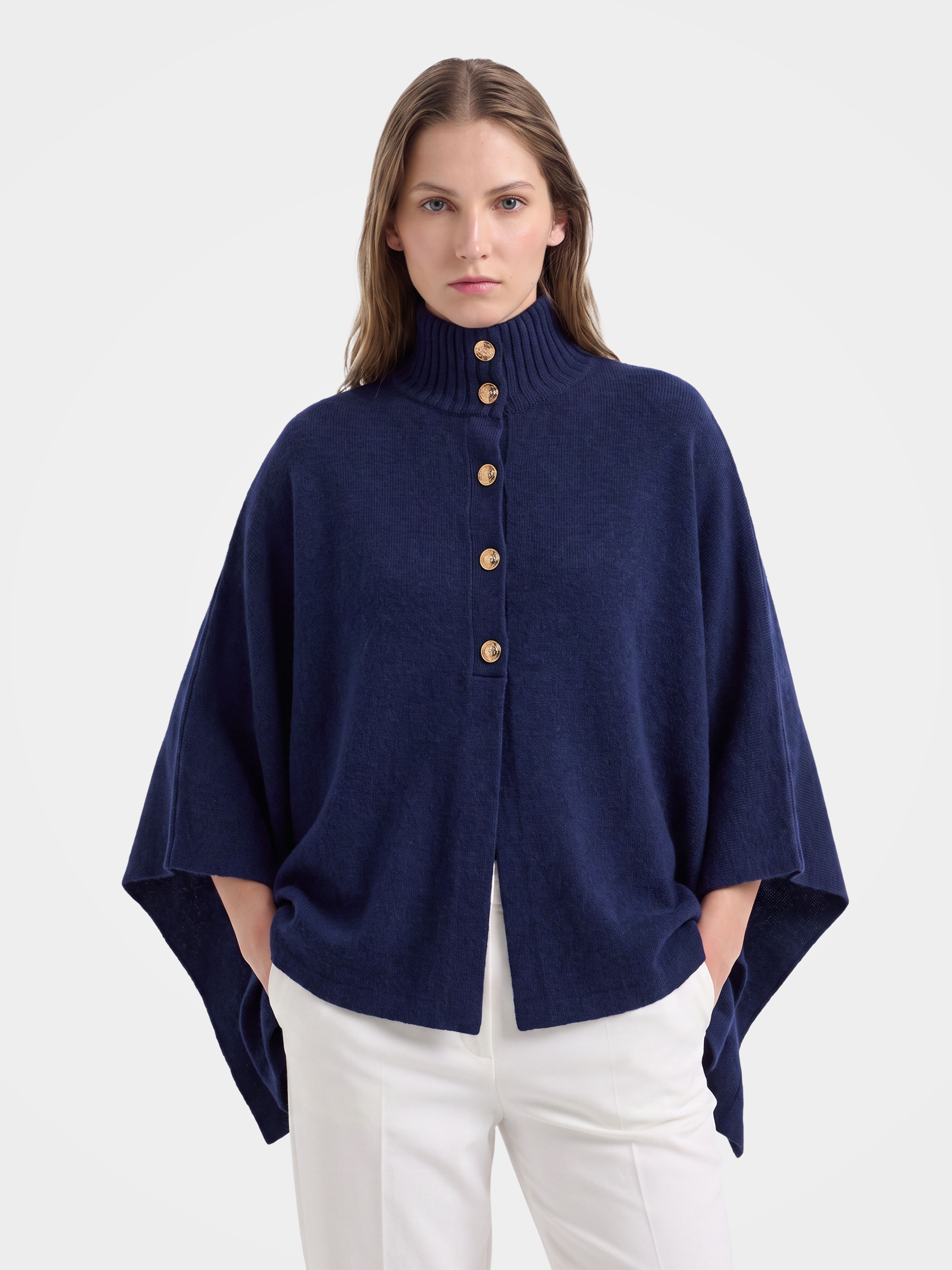 Pre-Order | 100% Wool Turtleneck Button-Placket Knit Cape (10-14 Business Days)