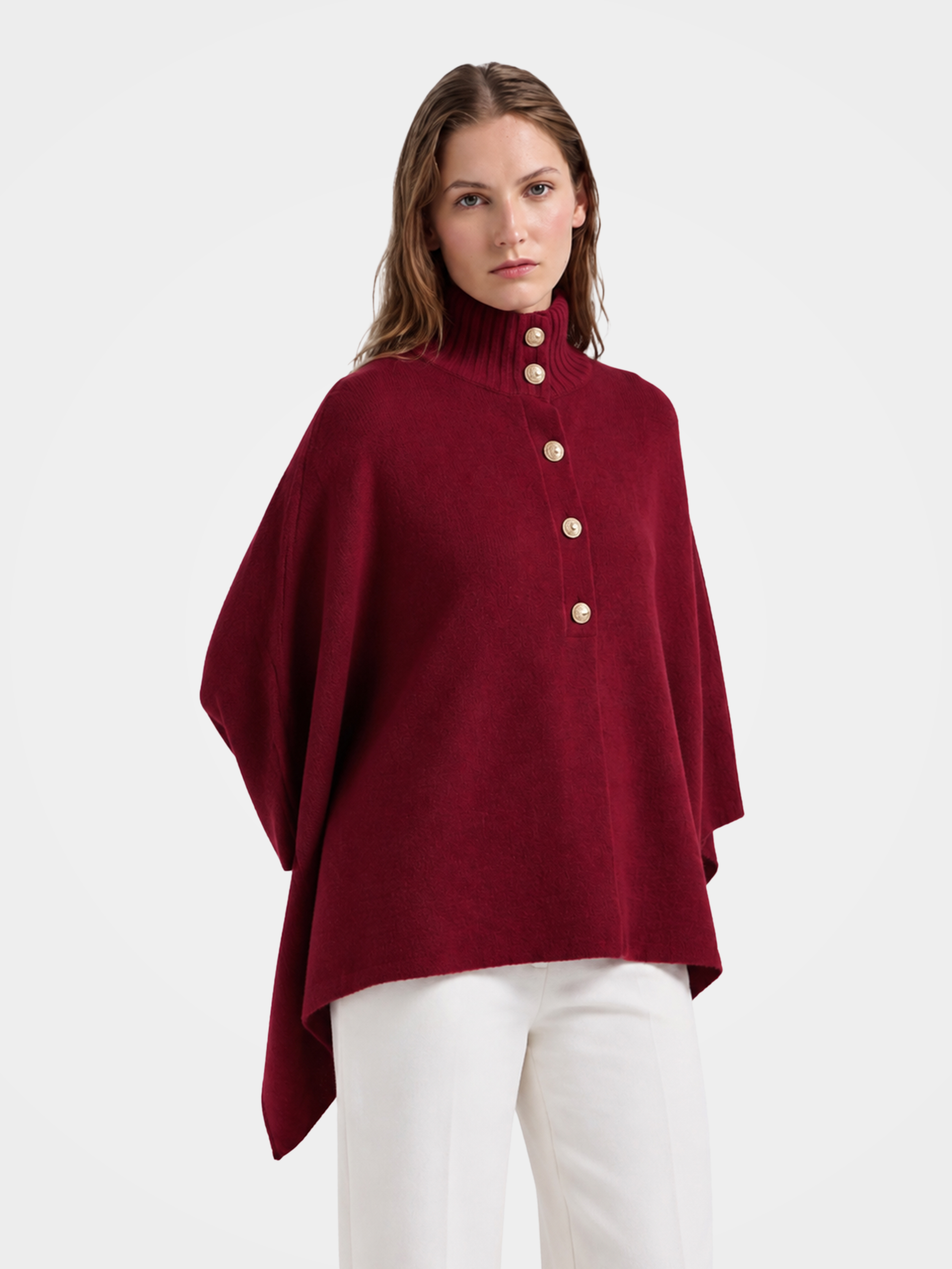 Pre-Order | 100% Wool Turtleneck Button-Placket Knit Cape (10-14 Business Days)
