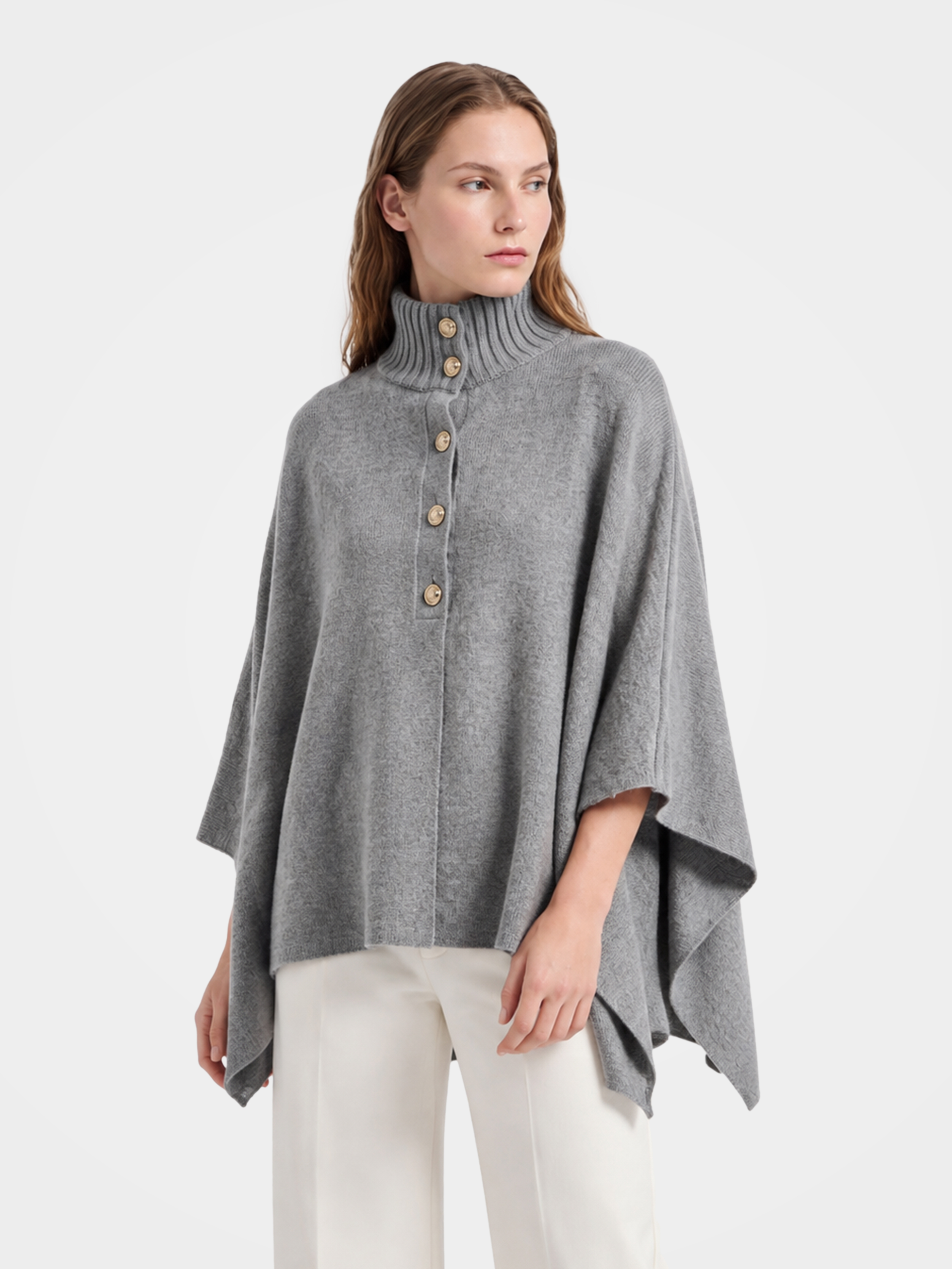 Pre-Order | 100% Wool Turtleneck Button-Placket Knit Cape (10-14 Business Days)
