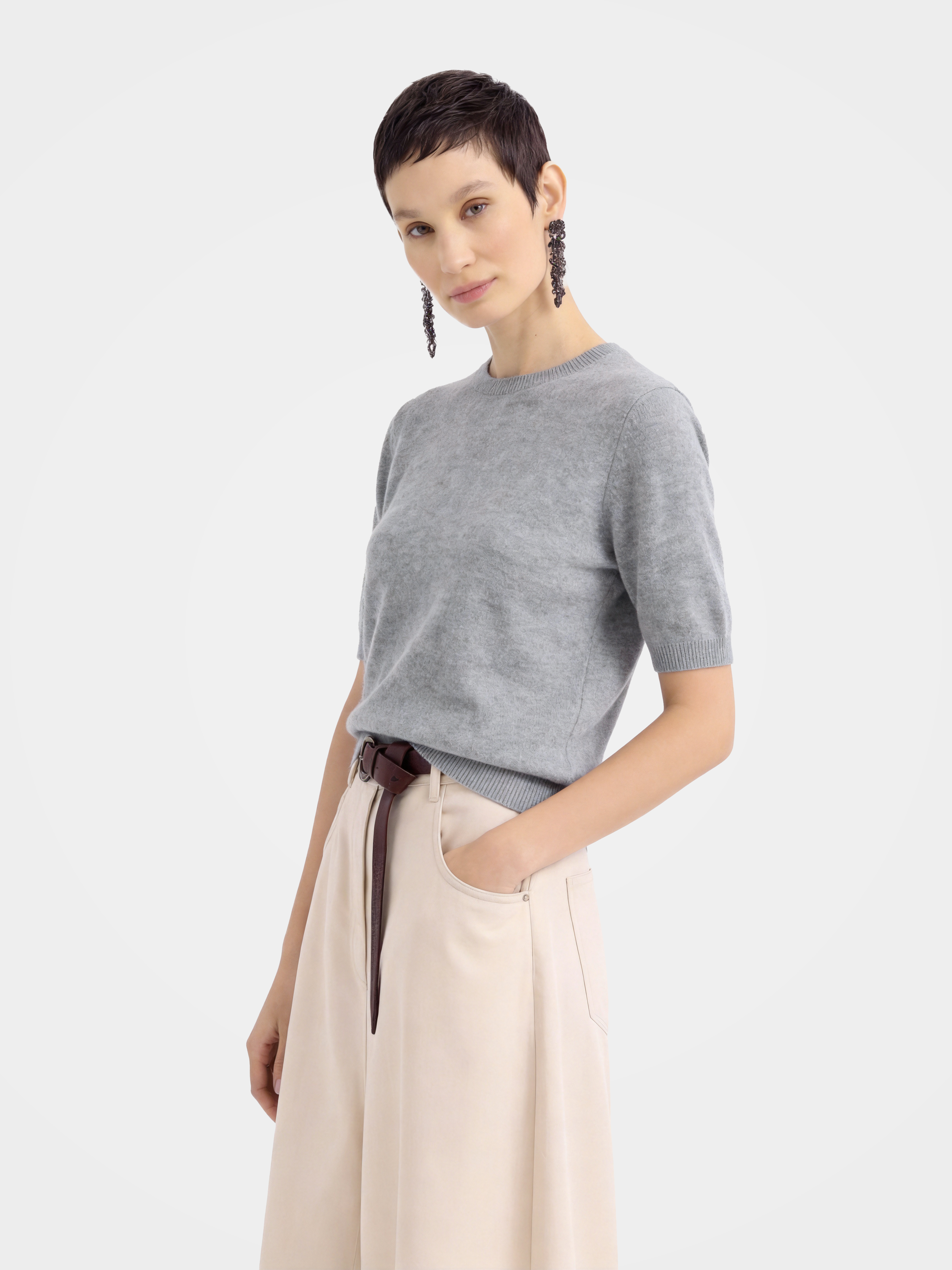 Cashmere Tencel Blend Soft & Lightweight Short Sleeve Knit Top – Crew Neck, Beige/Black/Gray