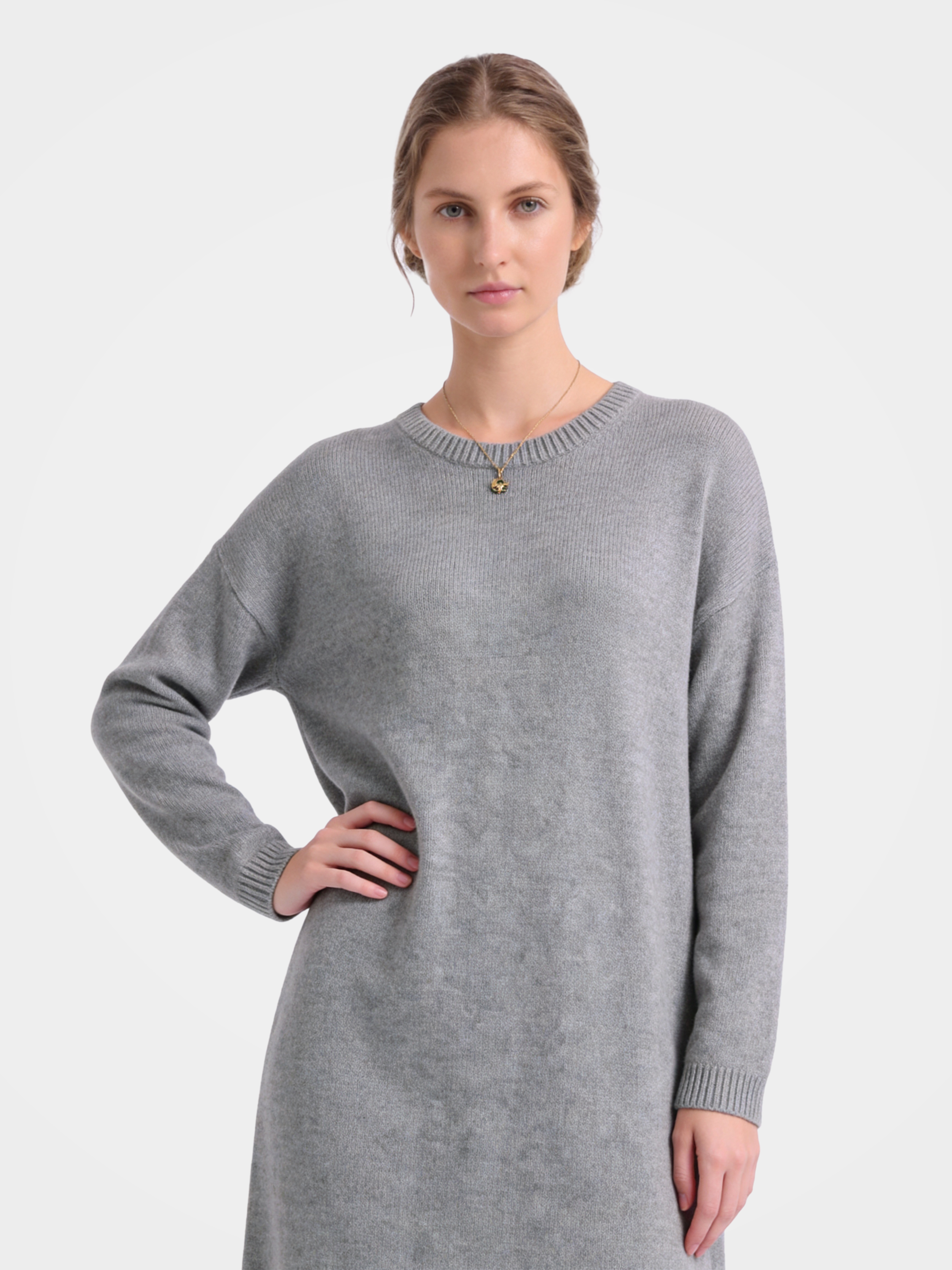 Pre-Order | 100% Cashmere Long Sleeve Crew Neck Midi Sweater Dress (10-14 Business Days)