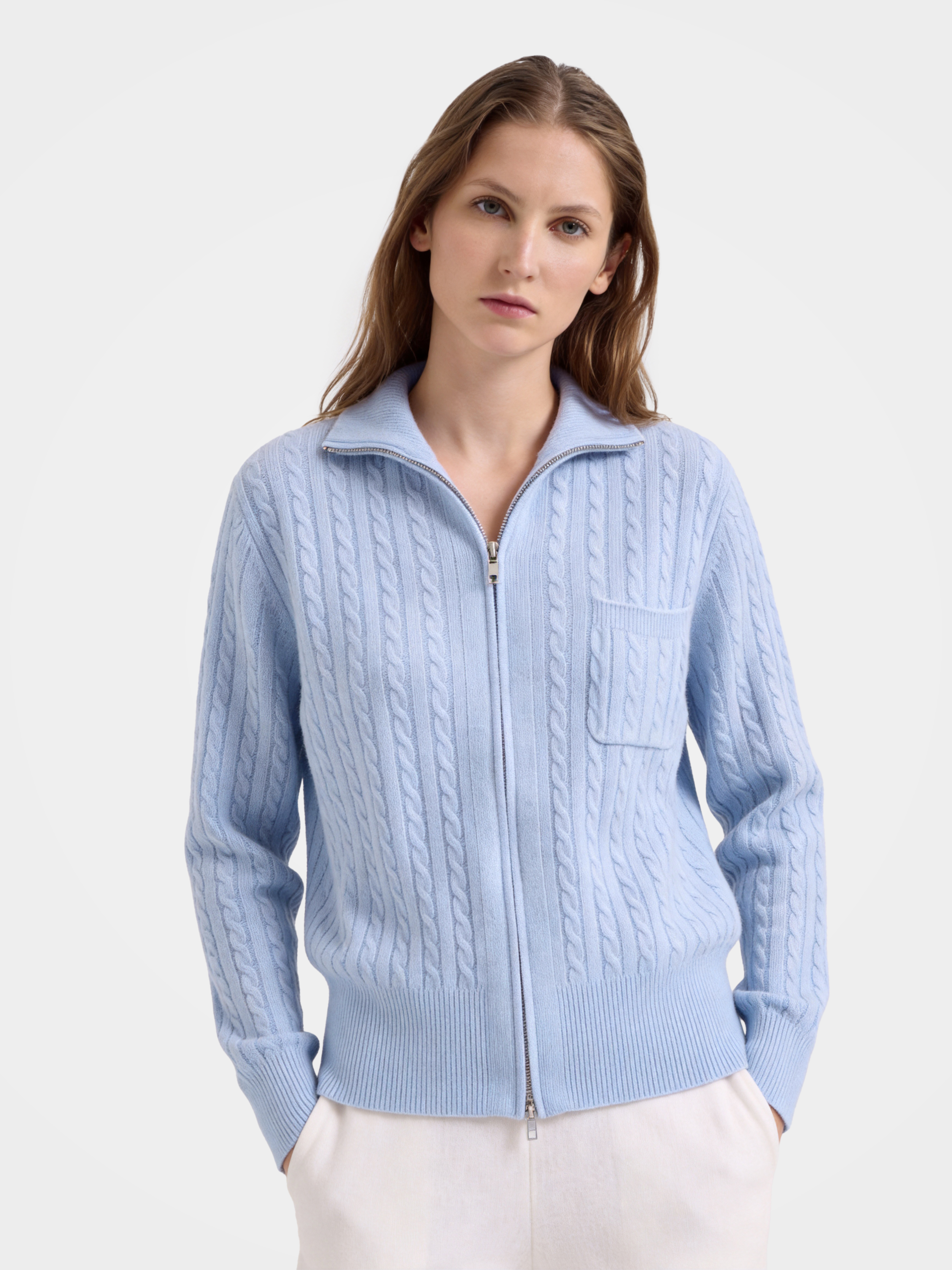 100% Mongolian Cashmere Cable Knit Zip Jacket