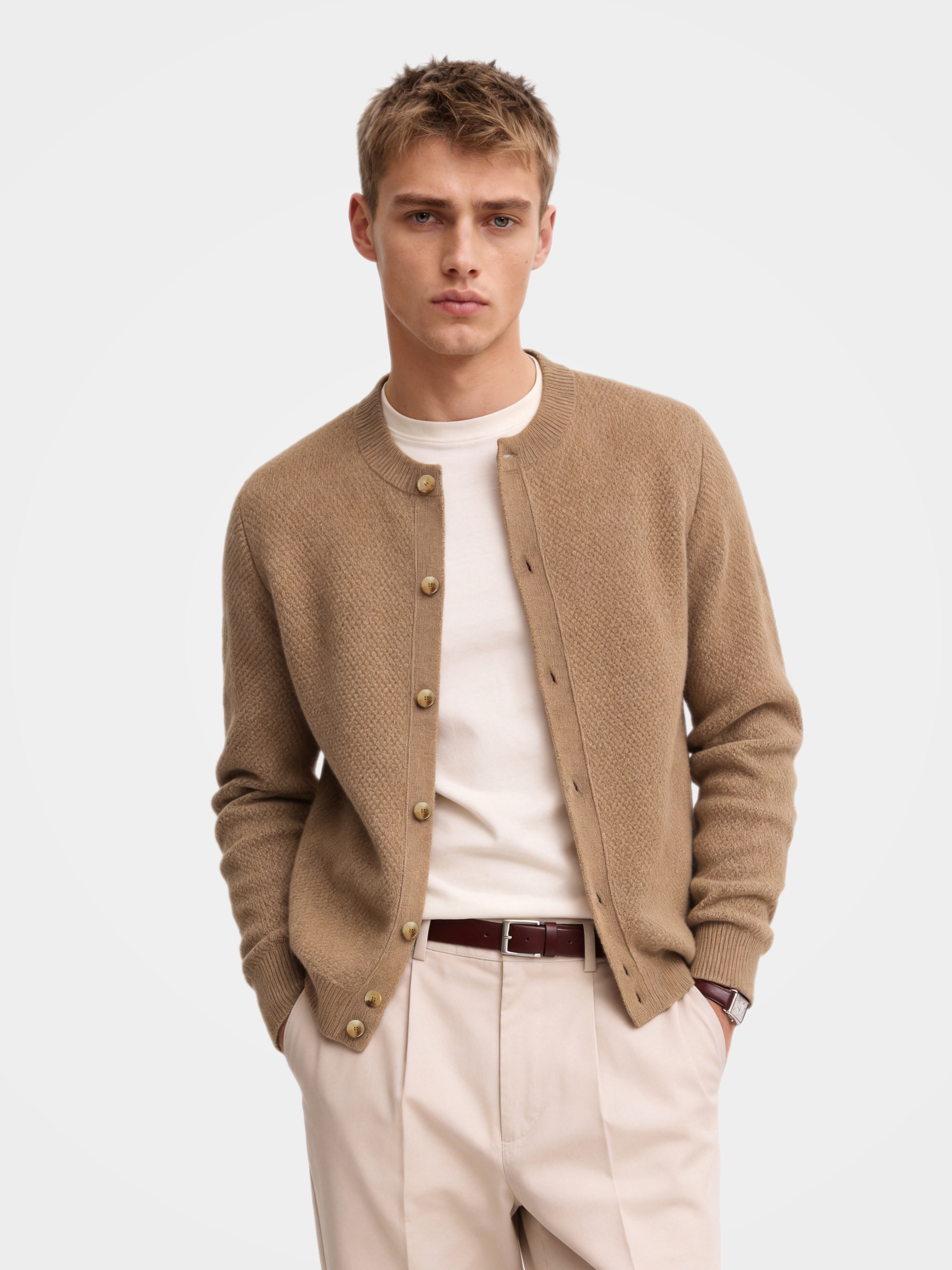 Pre-Order | Men's 100% Cashmere Honeycomb Knit Crew Neck Cardigan (10-14 Business Days)