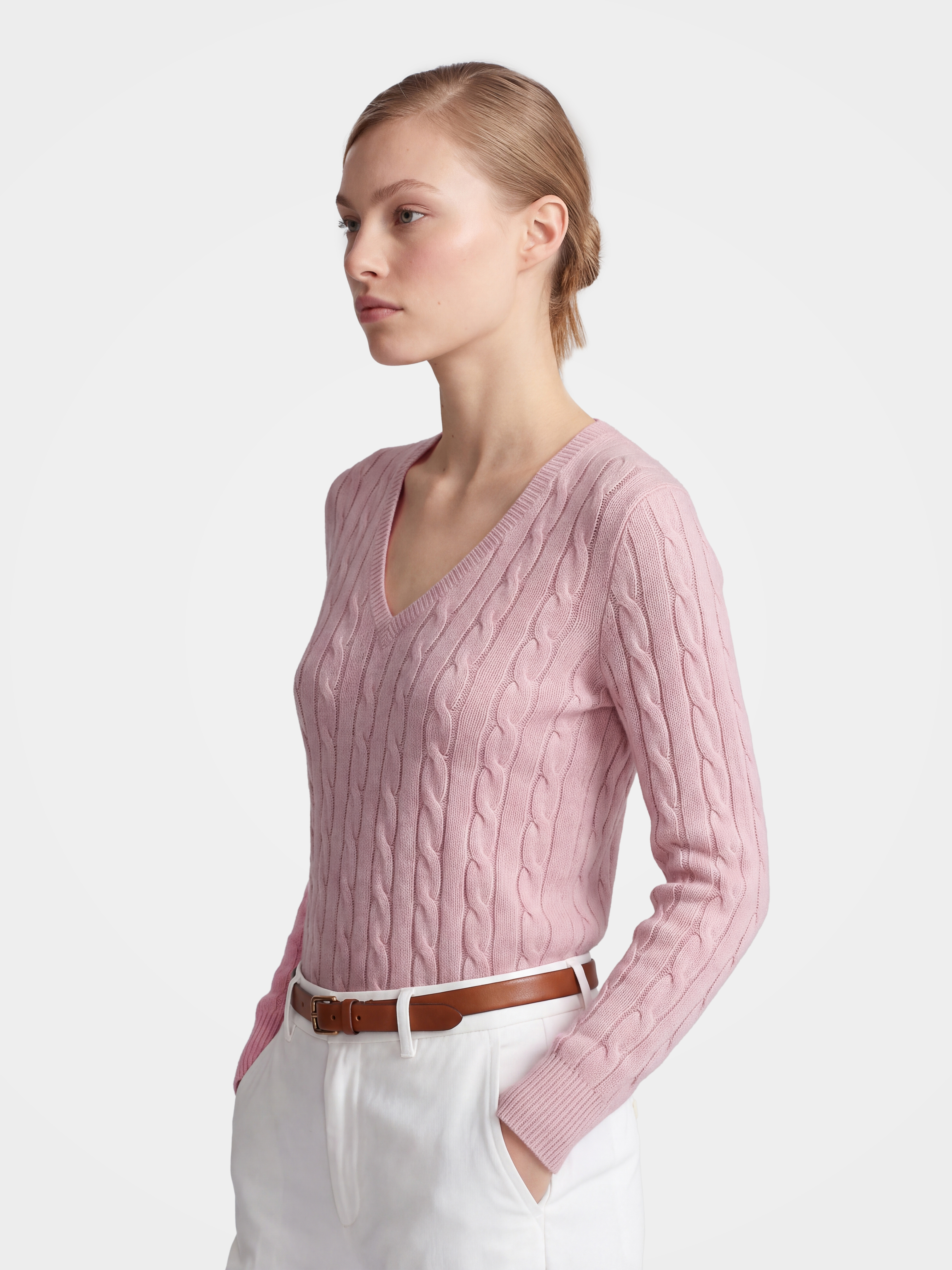100% Mongolian Cashmere Classic Cable Knit V-Neck Sweater