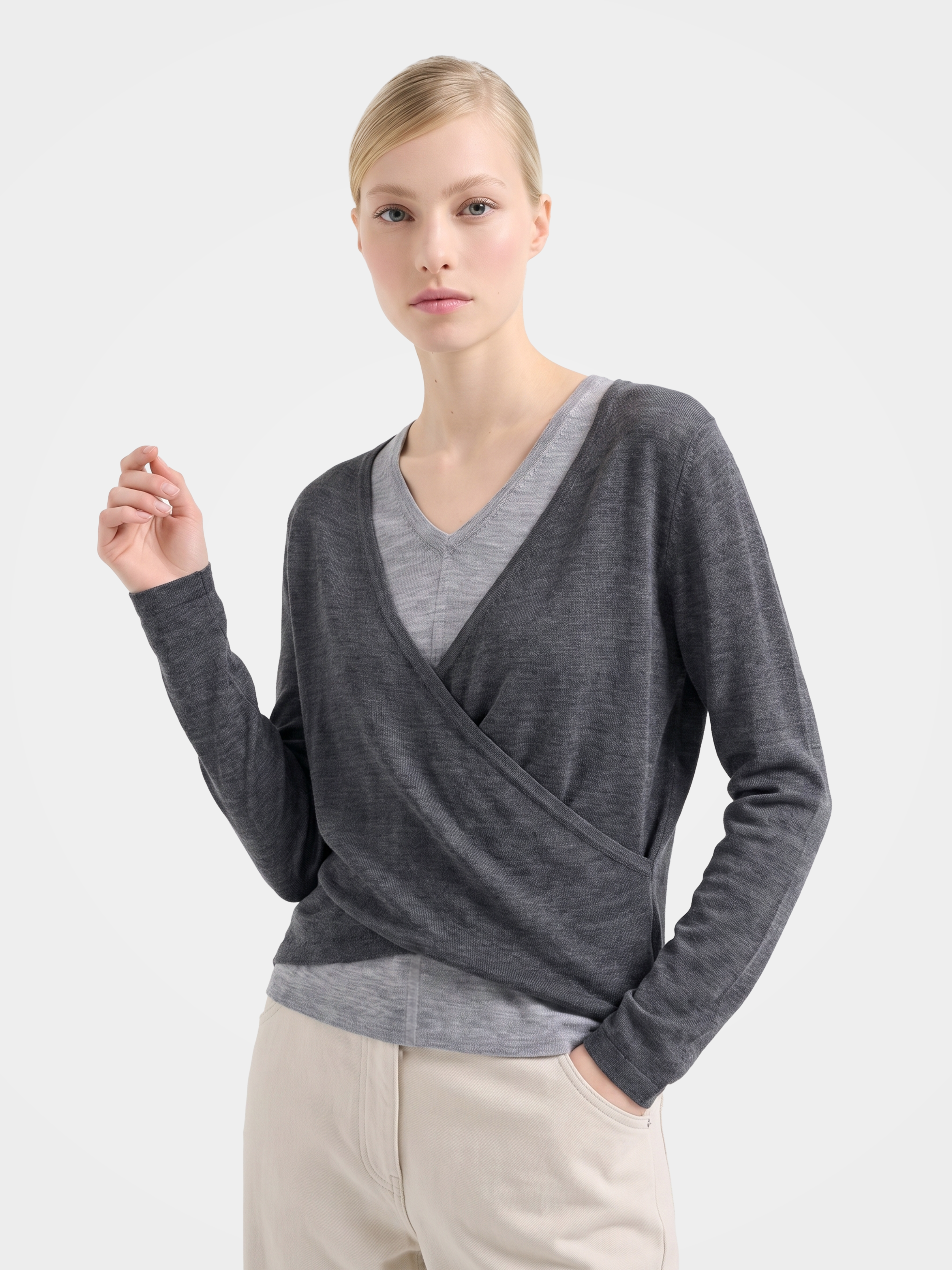 Lightweight Wool Faux Wrap Draped Layering Knit Sweater