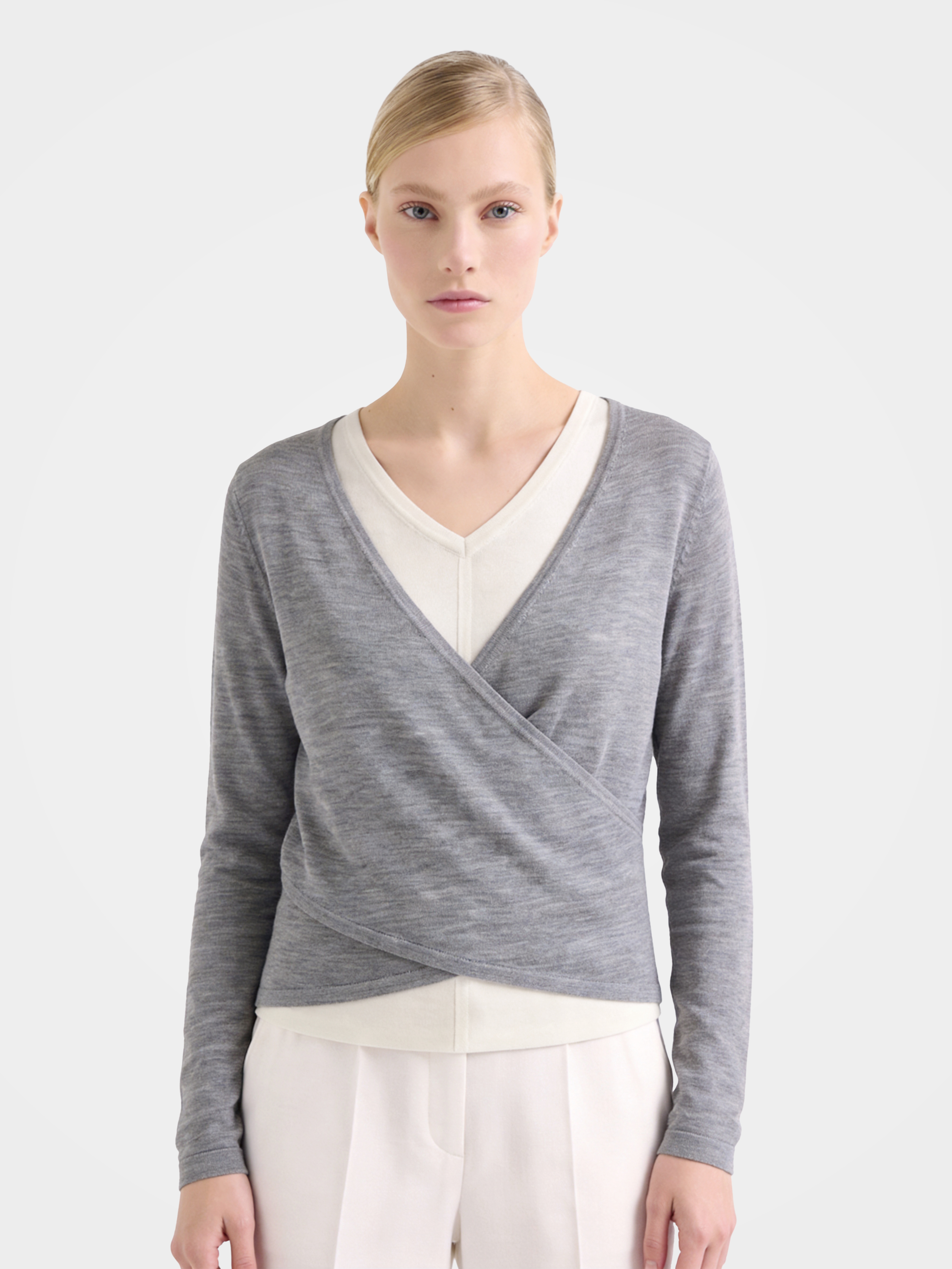 Lightweight Wool Faux Wrap Draped Layering Knit Sweater