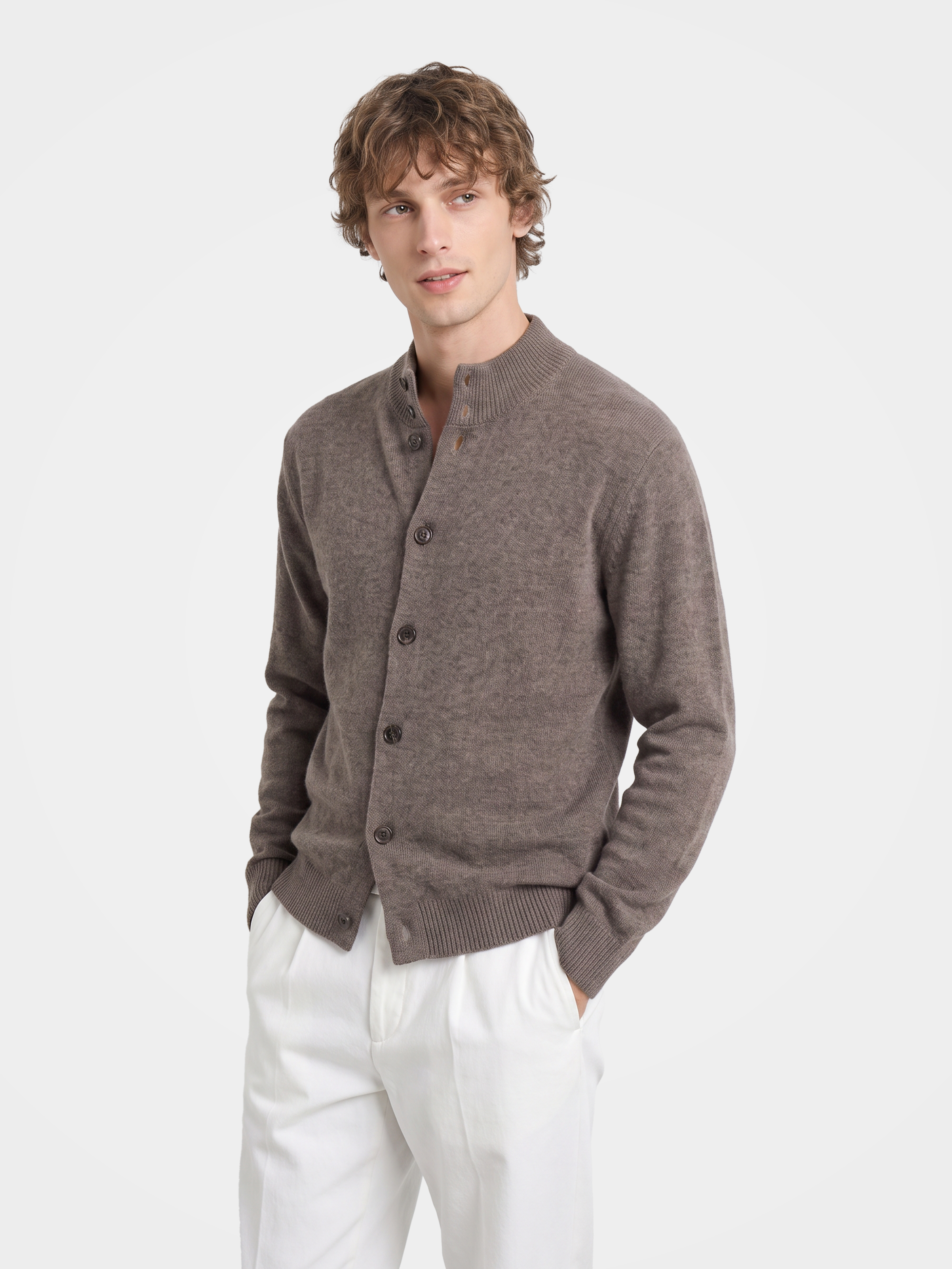 Men's 100% Wool Mock Neck Long Sleeve Cardigan Sweater