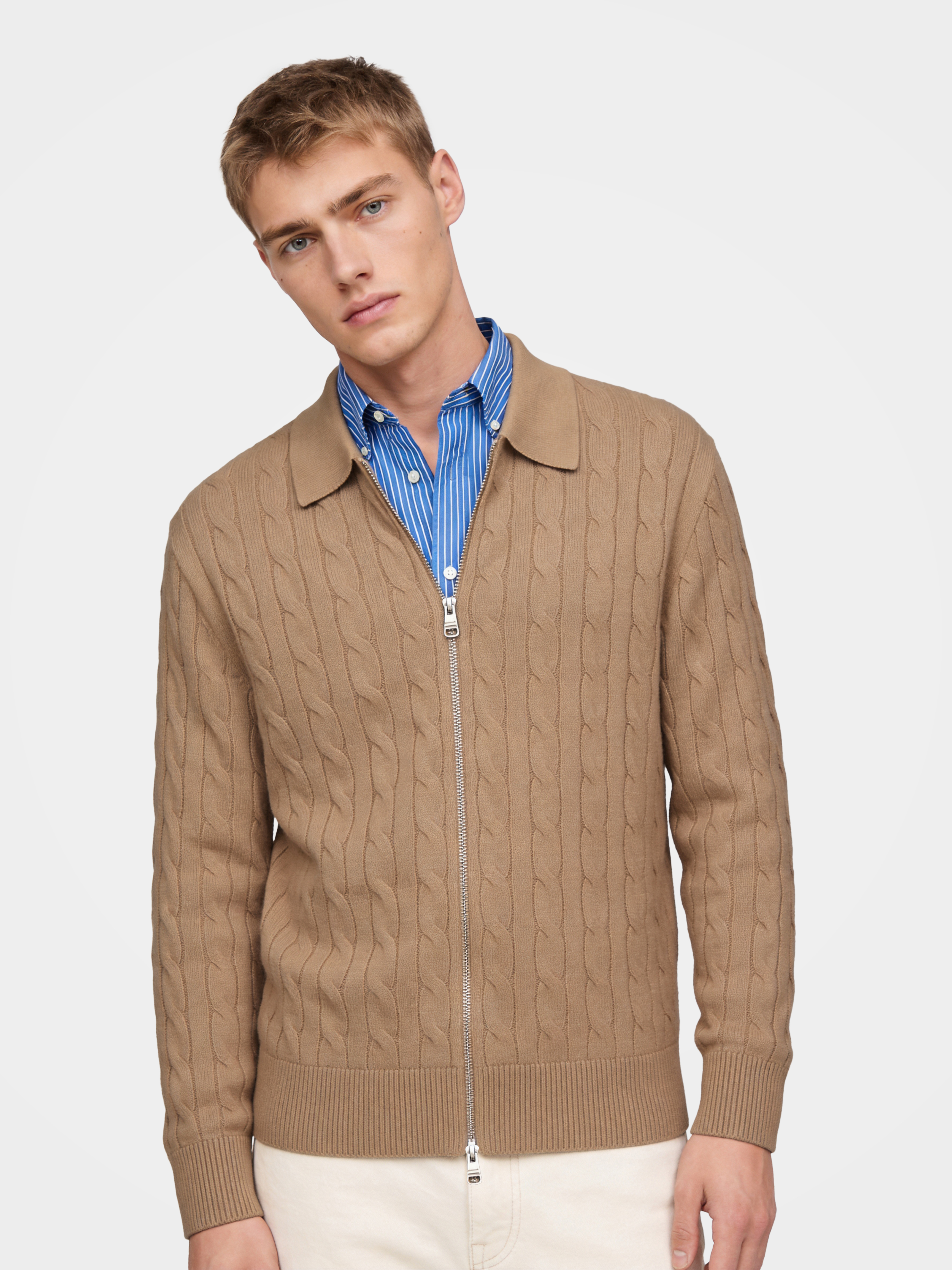 Men's 100% Cashmere Collared Zip Cable Knit Cardigan