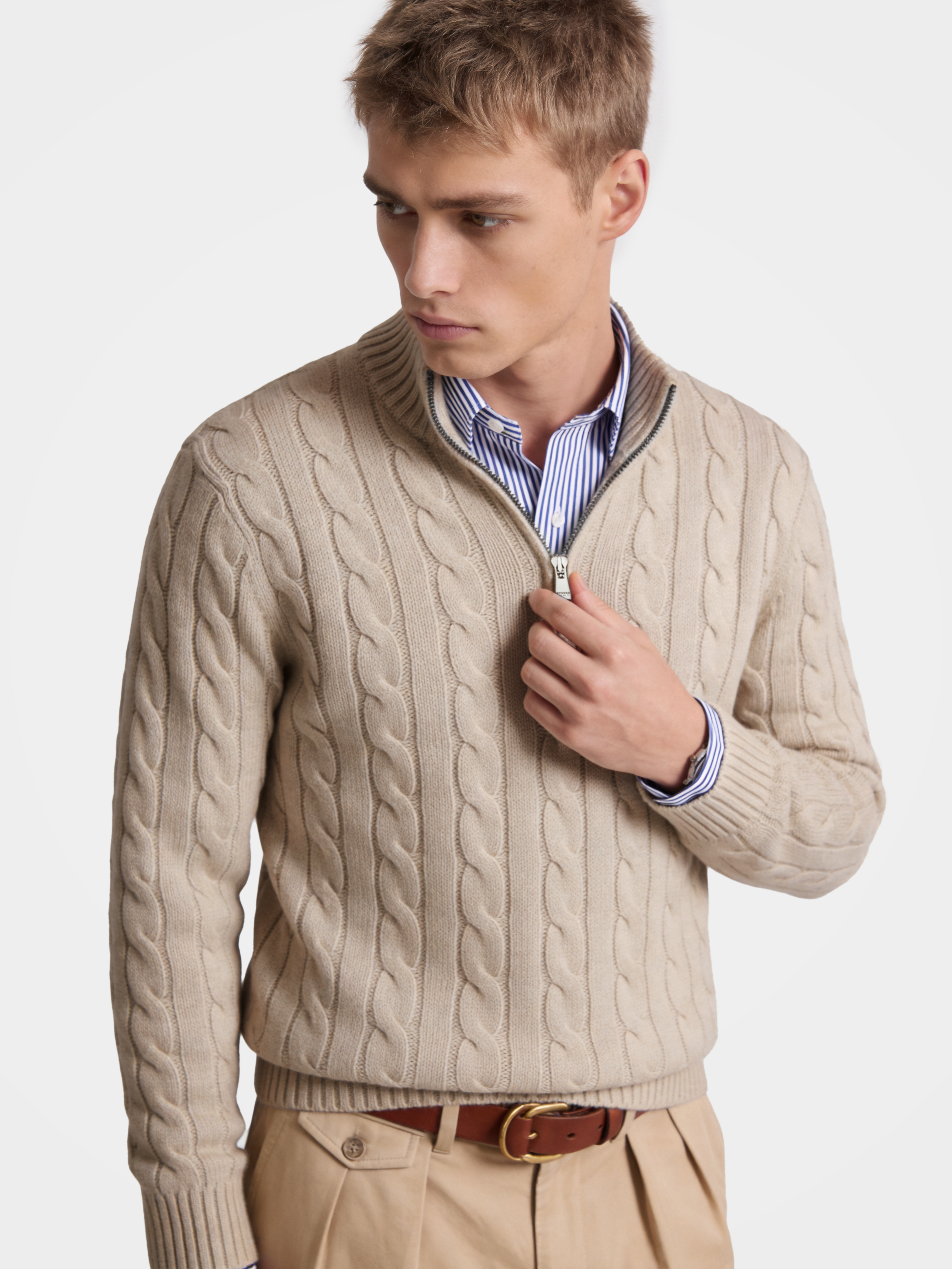 Men's 100% Cashmere Cable Knit Mock Neck Quarter-Zip Sweater
