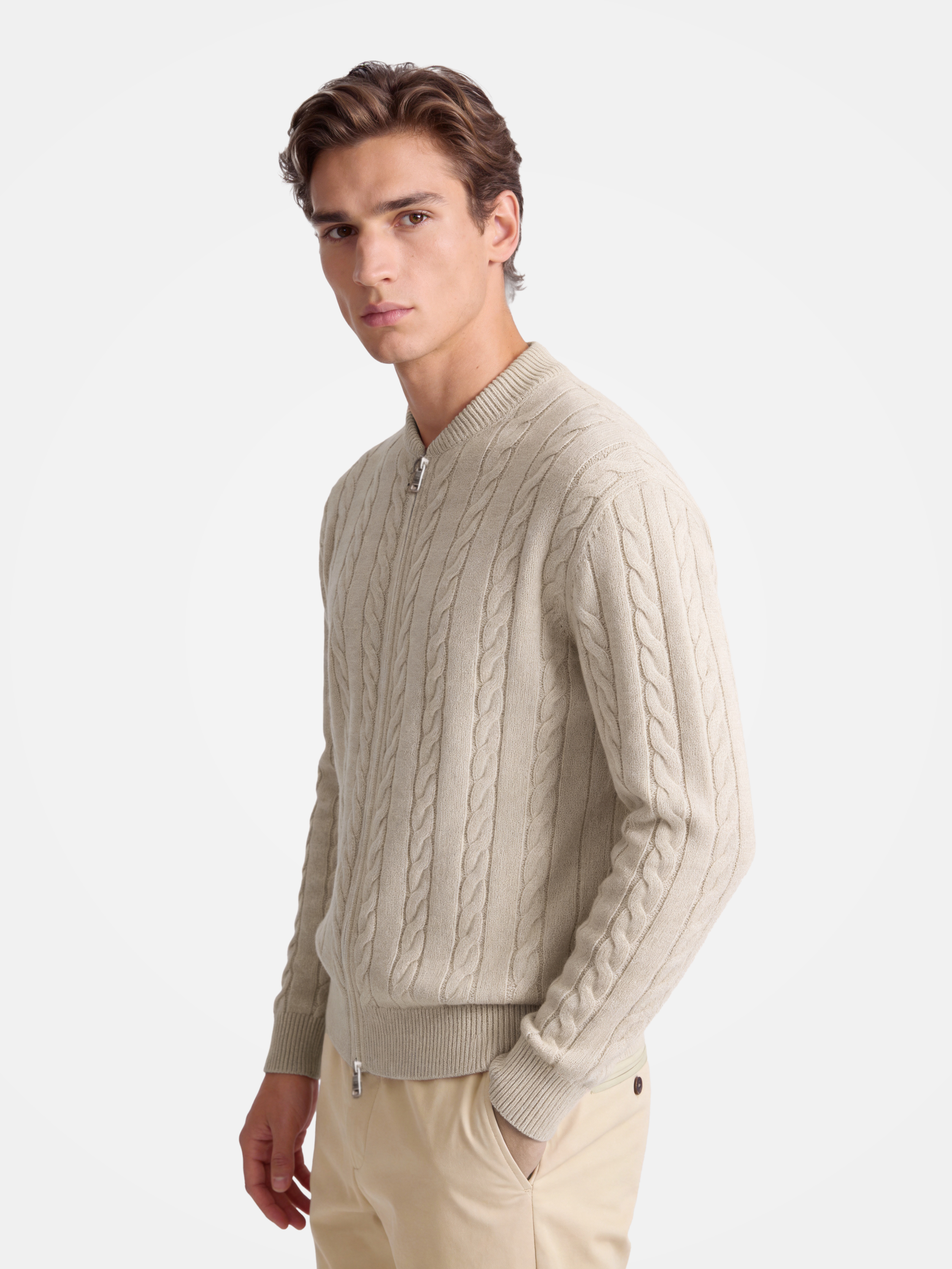 Men's 100% Cashmere Baseball Collar Zip Cable Knit Cardigan