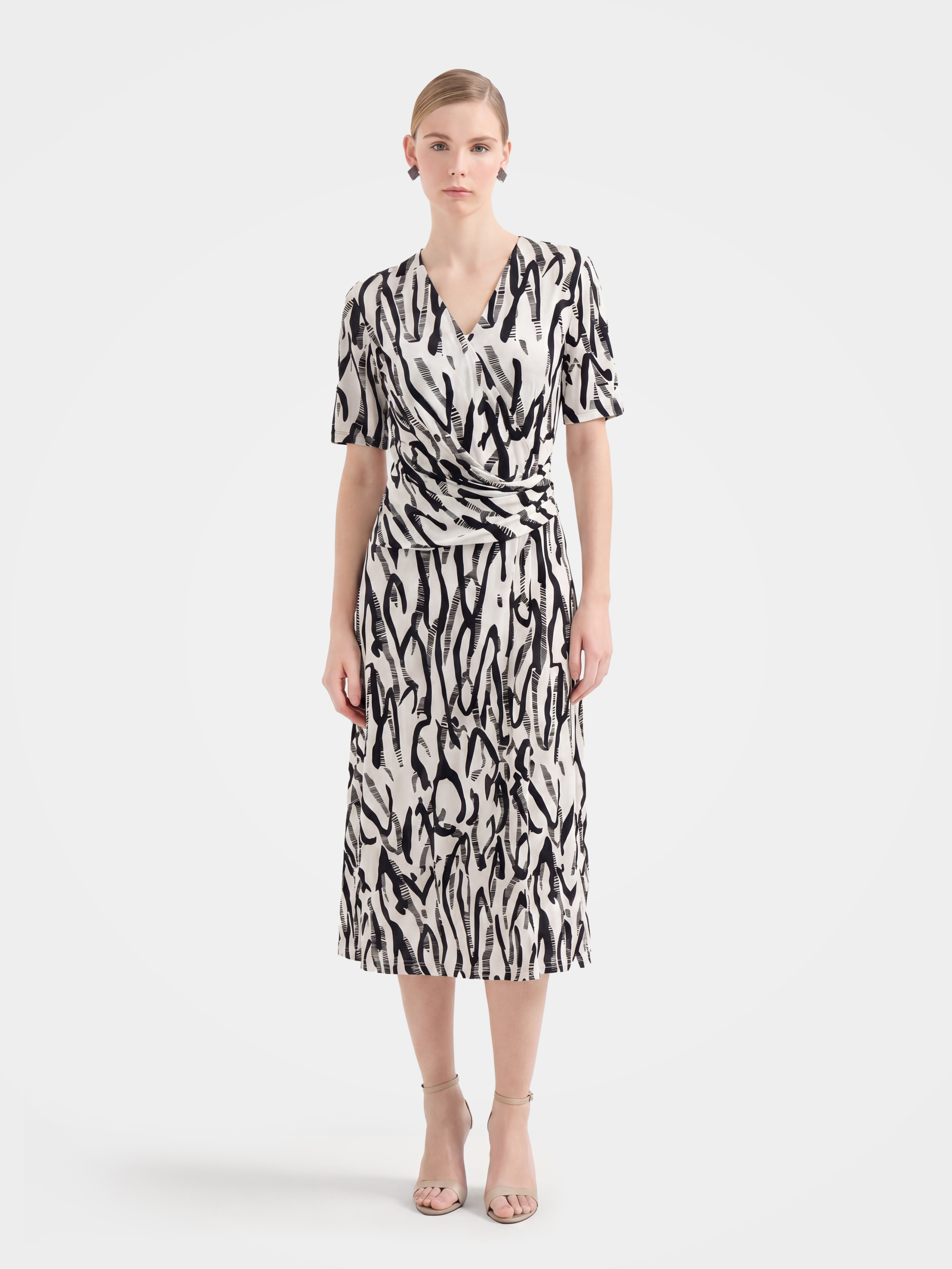 Black Silk Print Wrap Knee-Length Shirt Dress