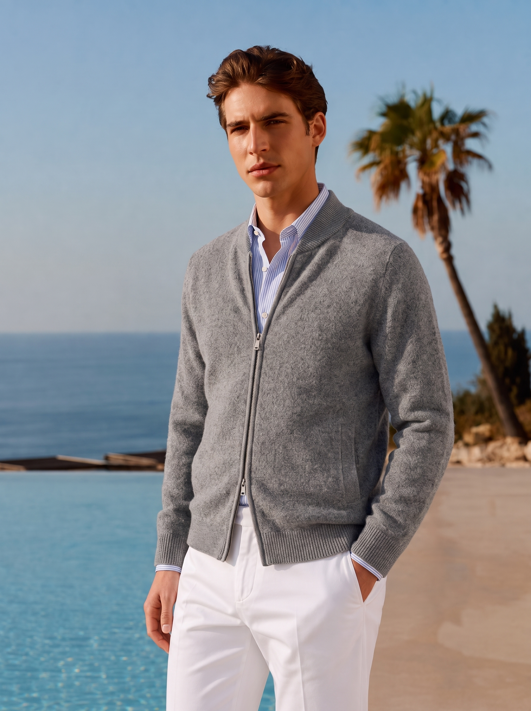 Men's 100% Cashmere Baseball Collar Zip Knit Cardigan
