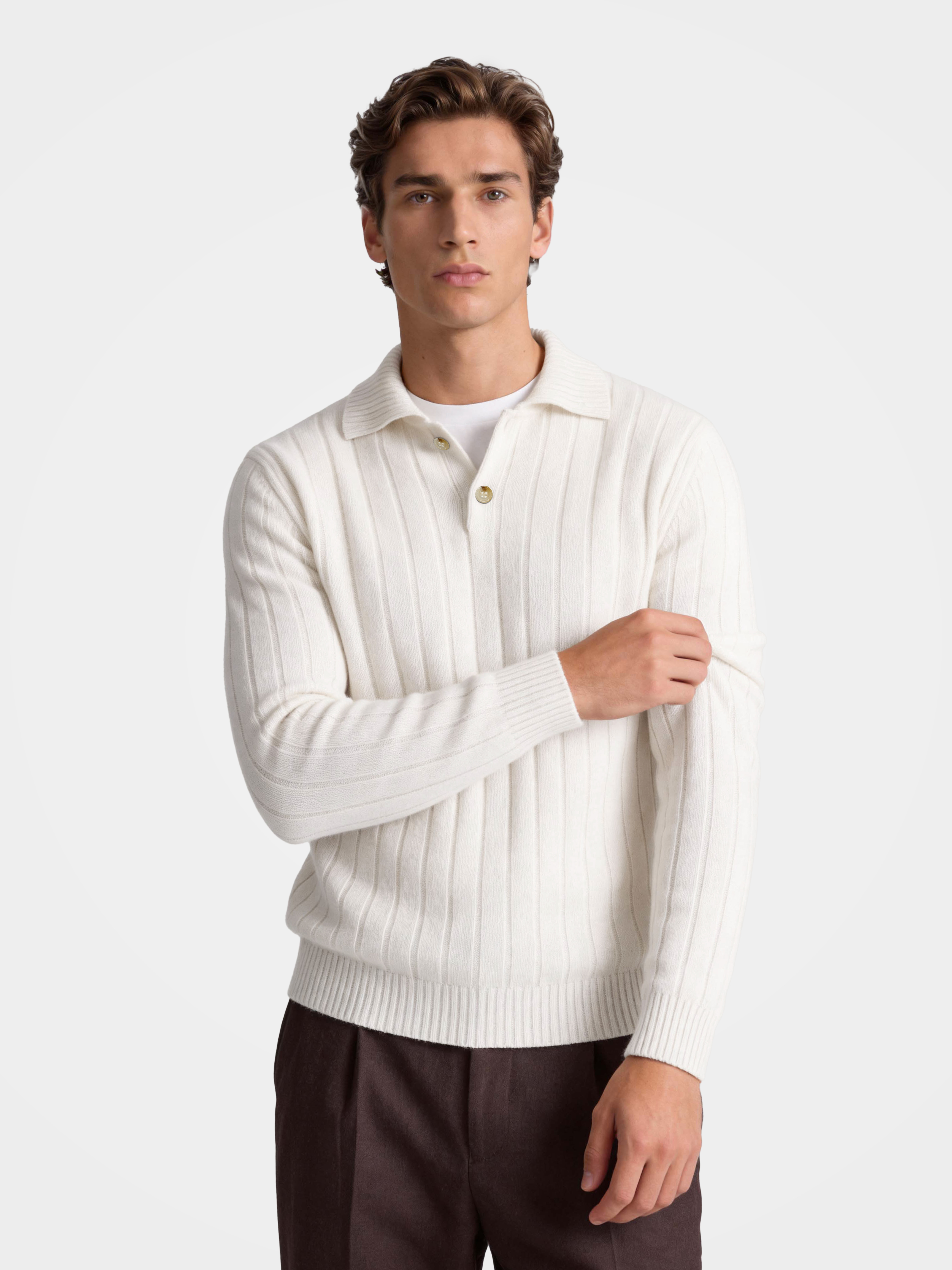 Men's 100% Cashmere Polo Collar Knit Sweater Classic Ribbed Pullover