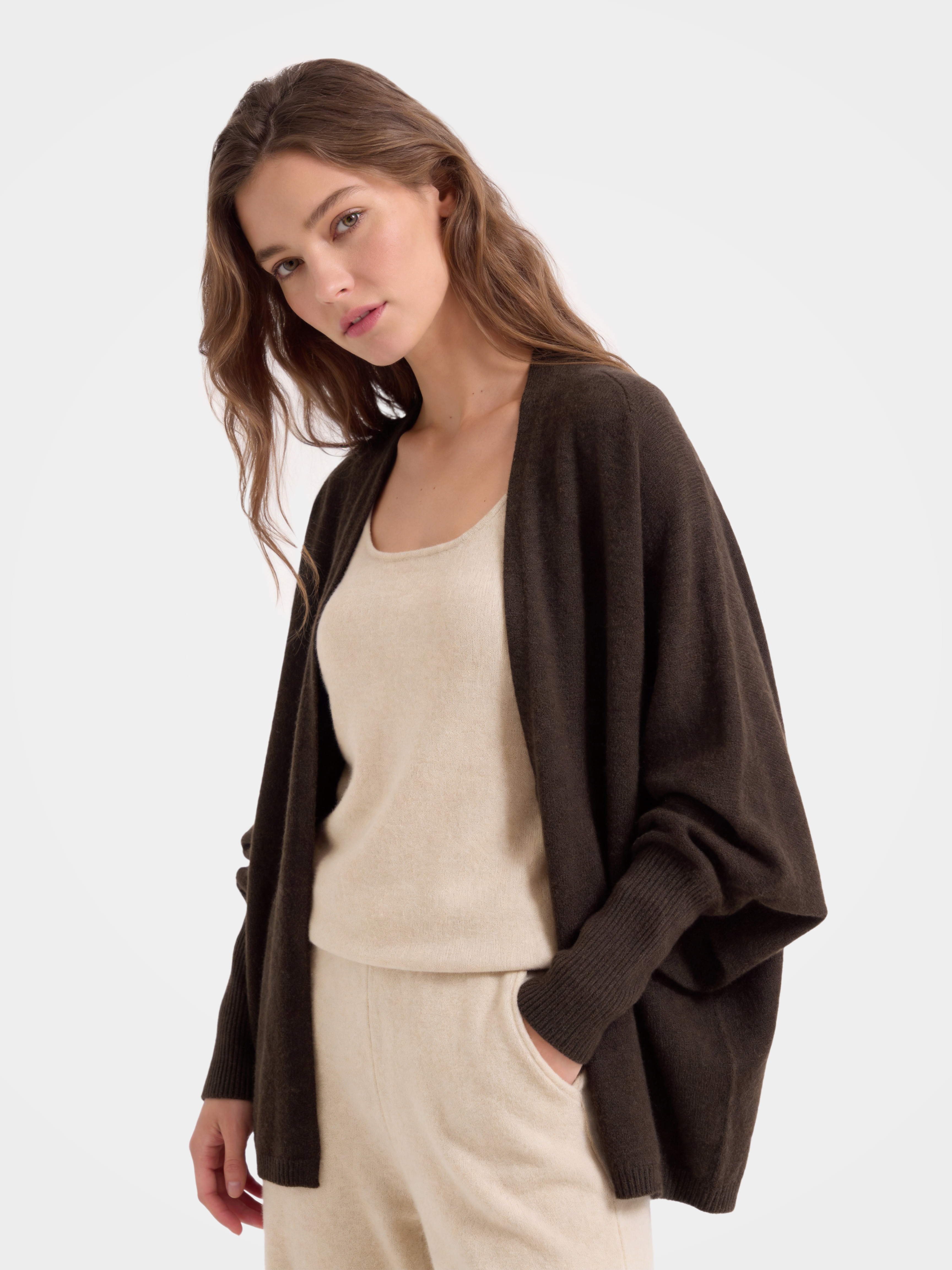 100% Cashmere Collarless Soft Dolman Sleeve Knit Cardigan