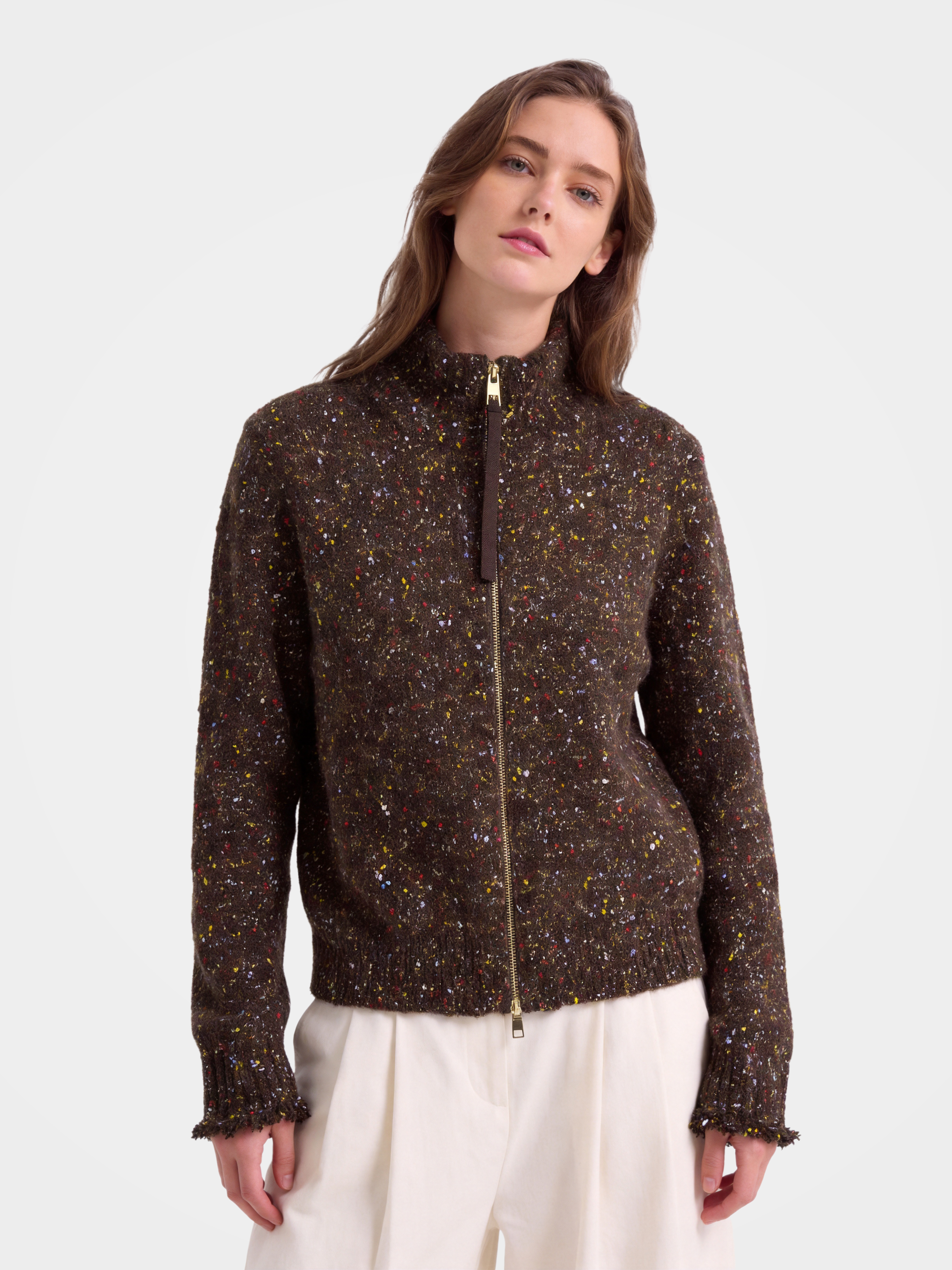Cashmere Turtleneck Soft Shimmer Zip up Knit Cardigan