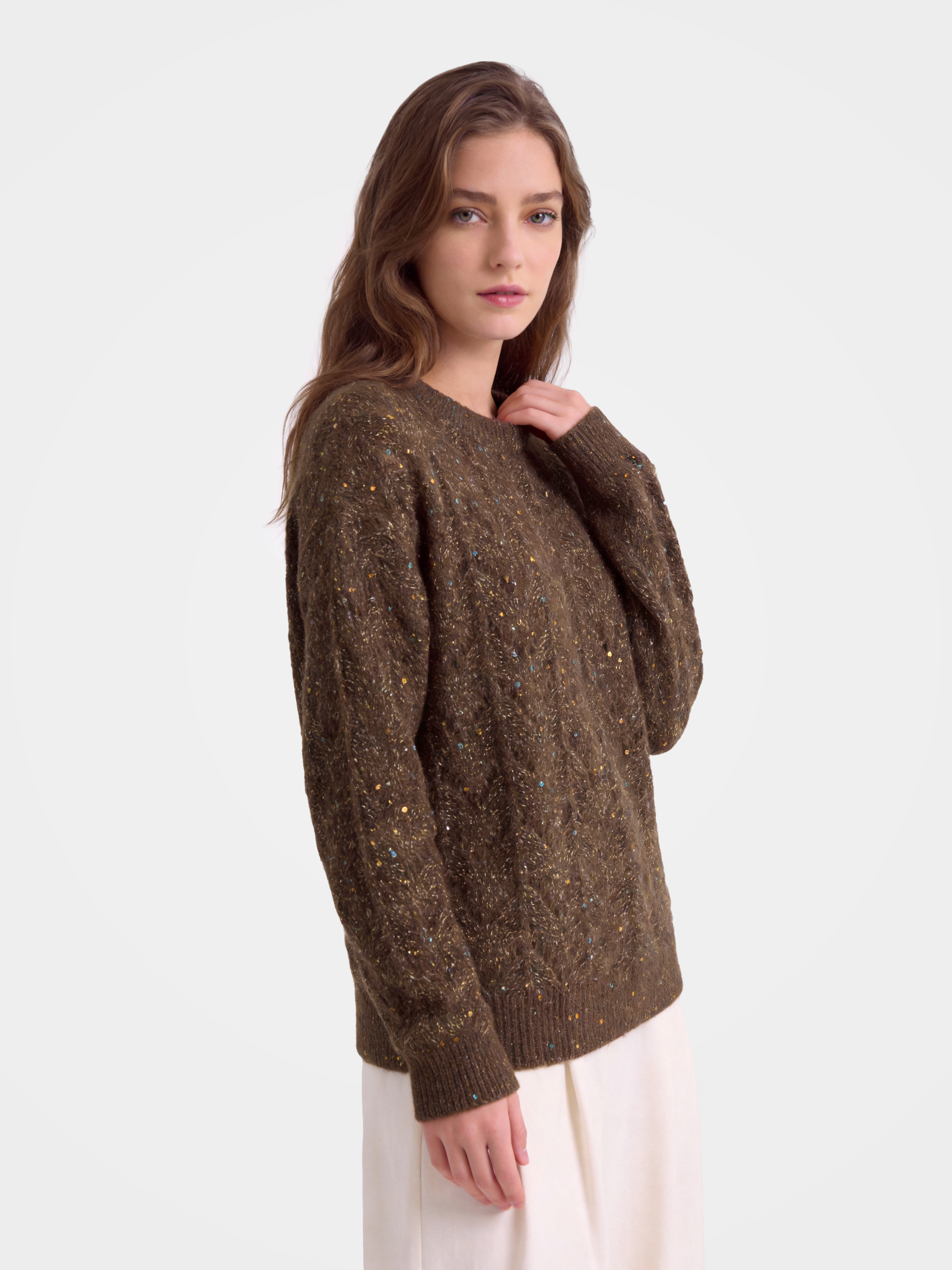 100% Cashmere Sweater Cable Knit Shimmer Pullover