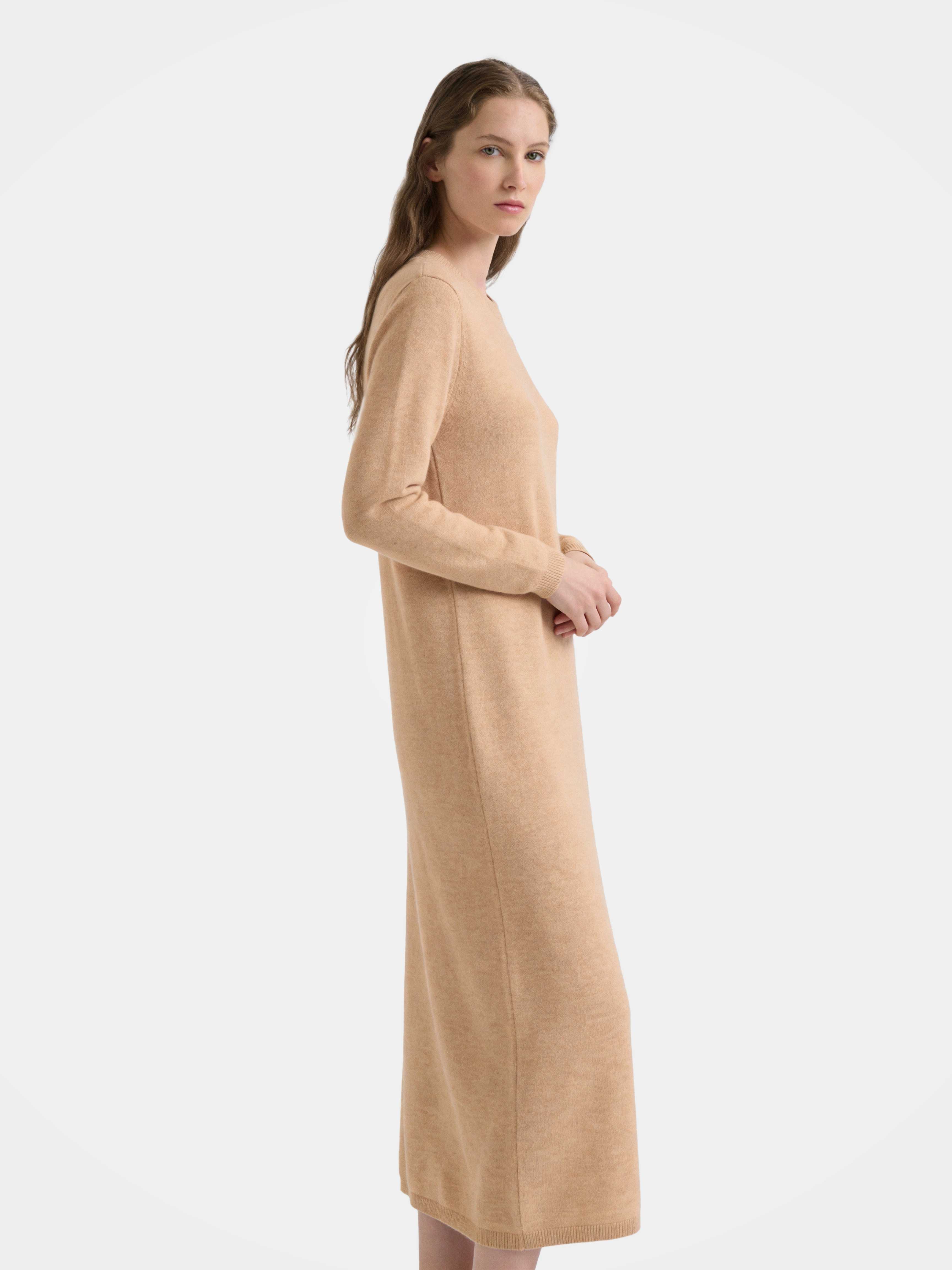 100% Cashmere Long Sleeve Crew Neck Midi Sweater Dress