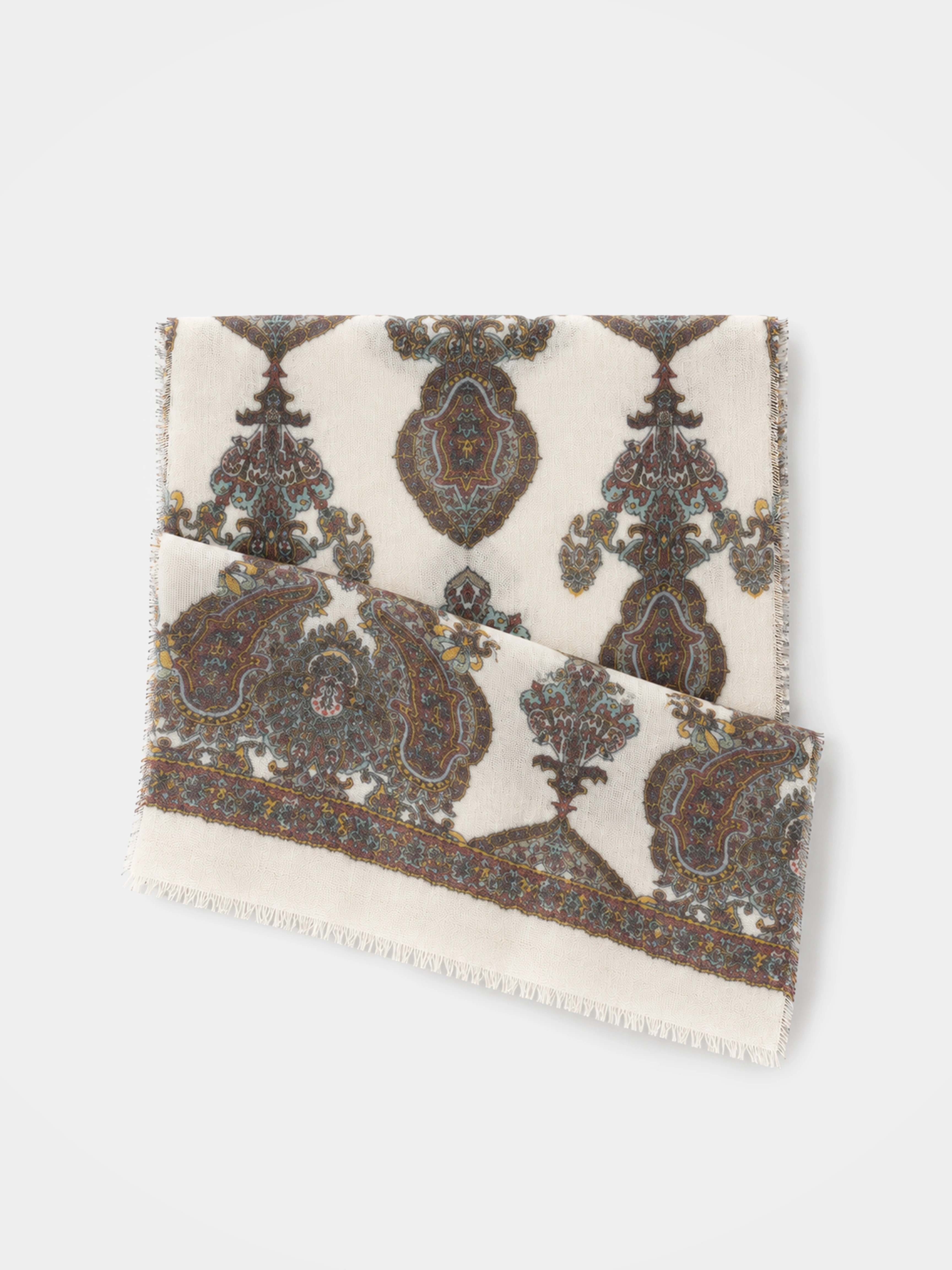 100% Cashmere Textured Paisley Fringe Long Scarf
