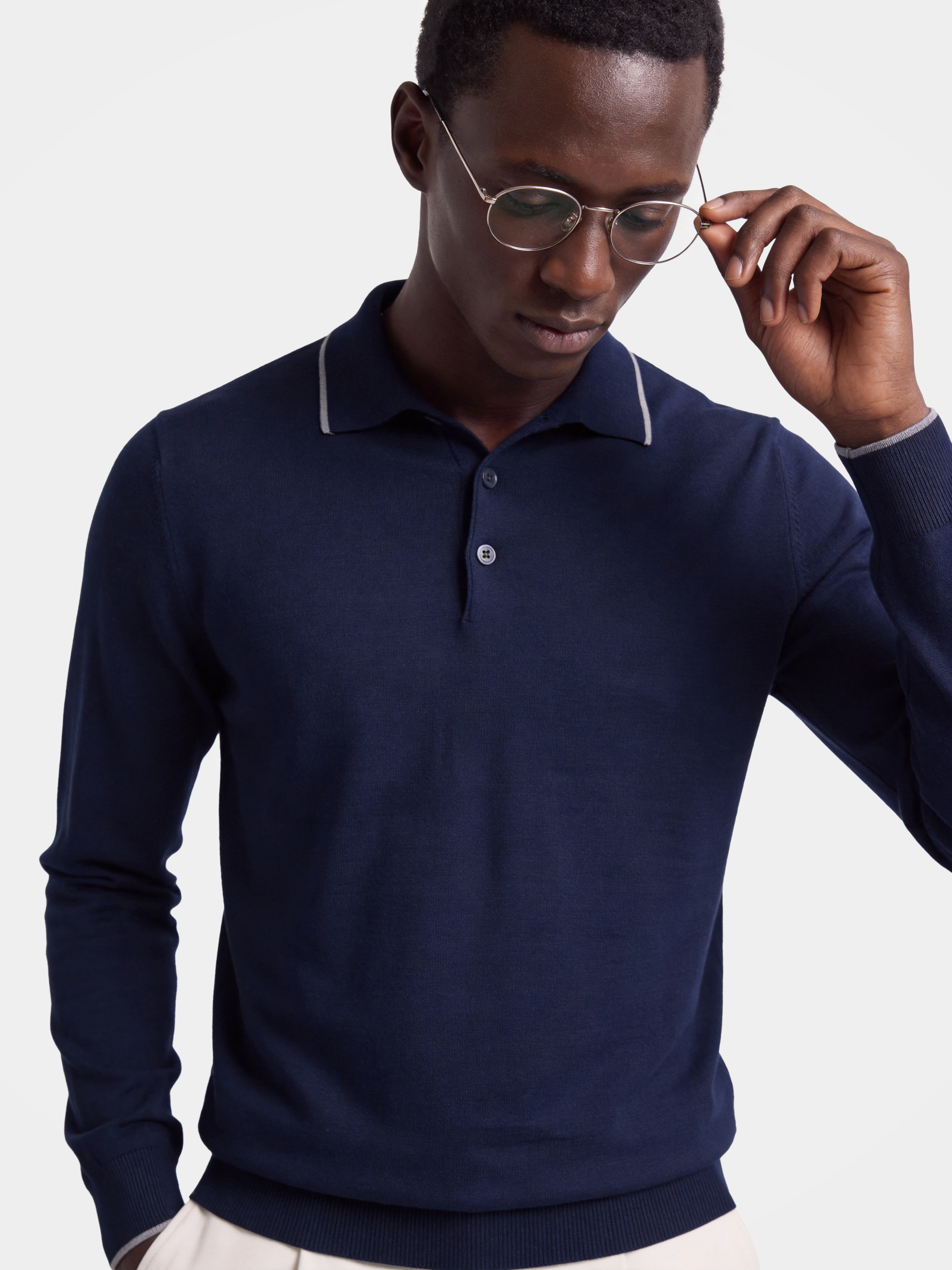 Men's Lightweight 100% Wool Long Sleeve Fine-Knit Polo