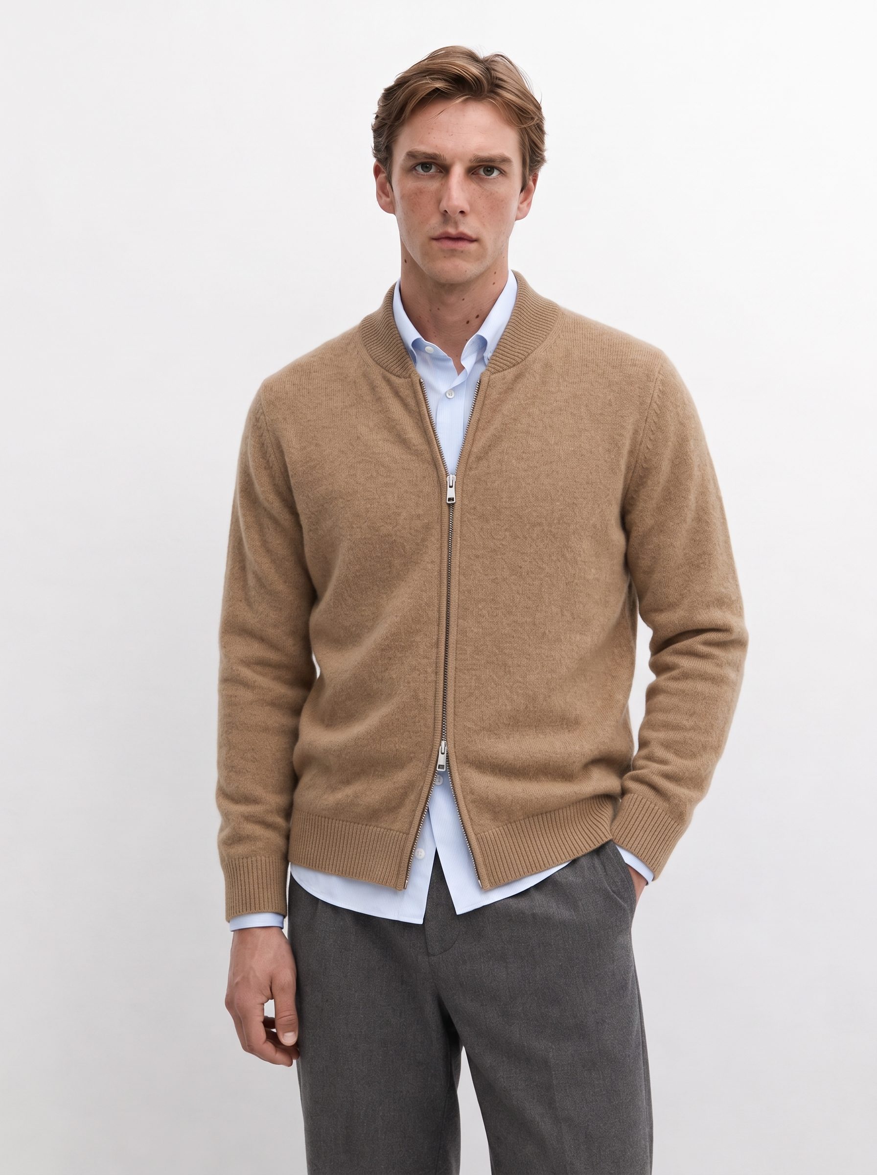 Men's 100% Cashmere Baseball Collar Zip Knit Cardigan