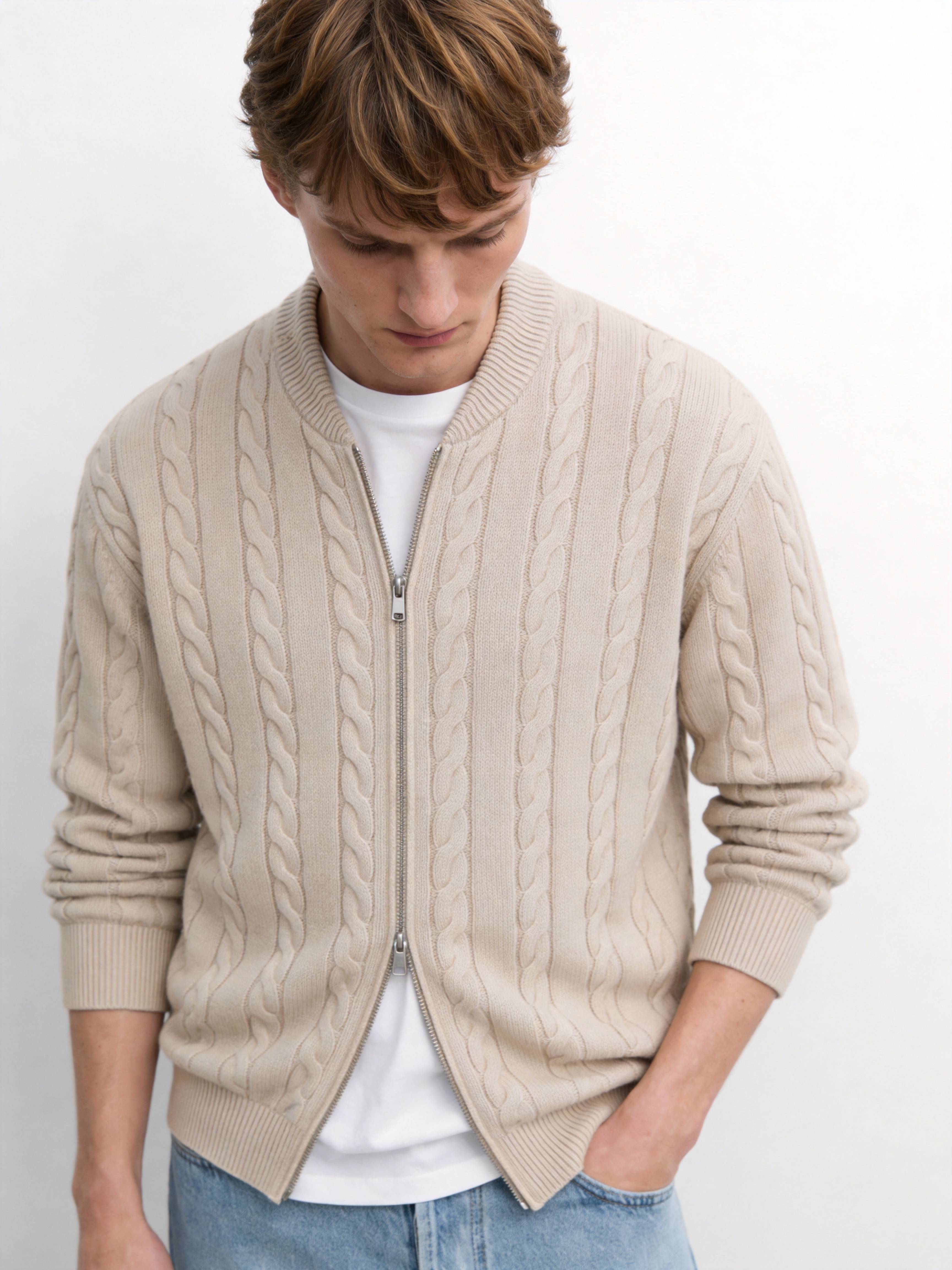 Men's 100% Cashmere Baseball Collar Zip Cable Knit Cardigan