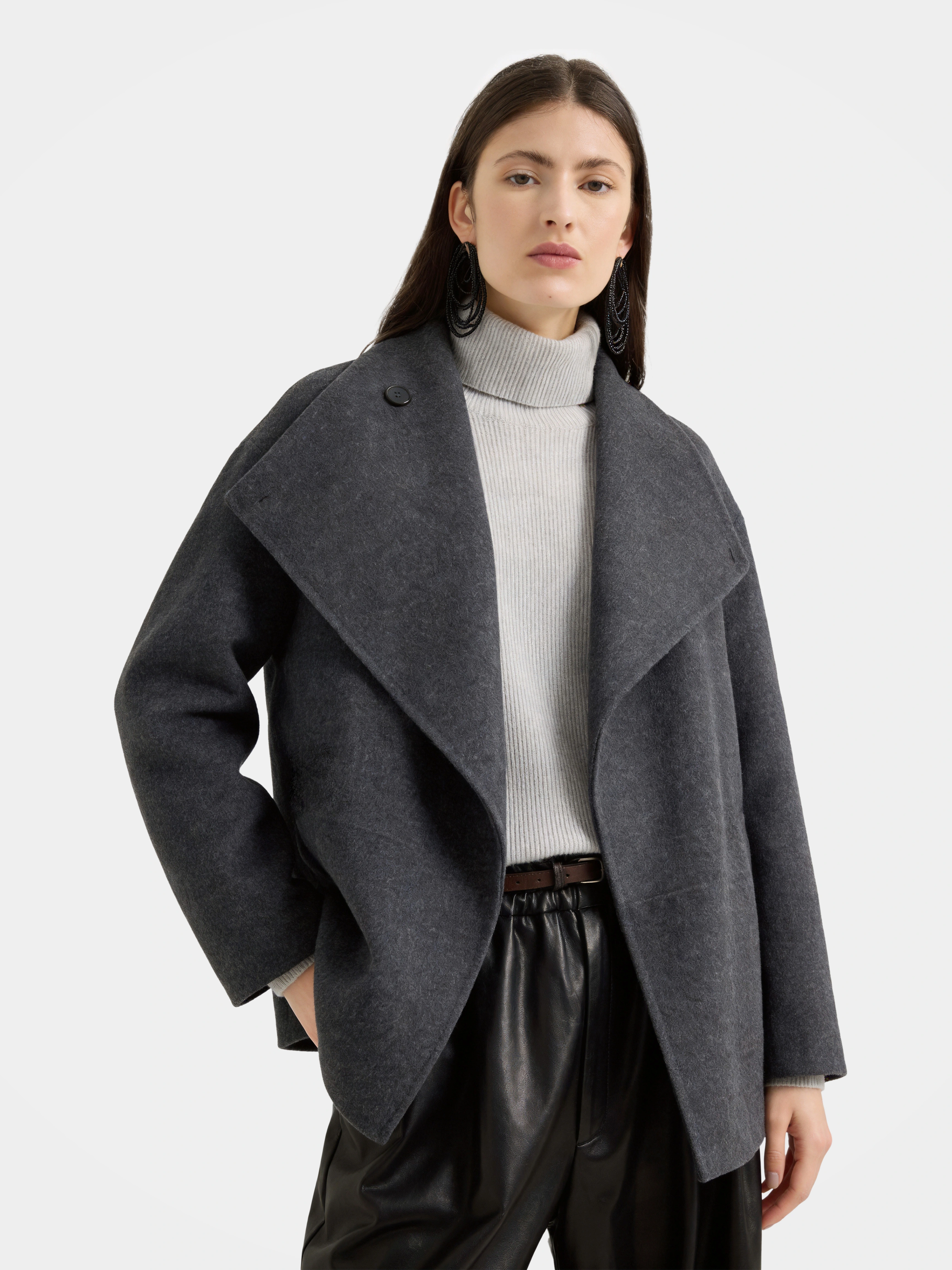 Wool Blend Button Front Belted Jacket for Women - Refined Tailored Everyday Outerwear