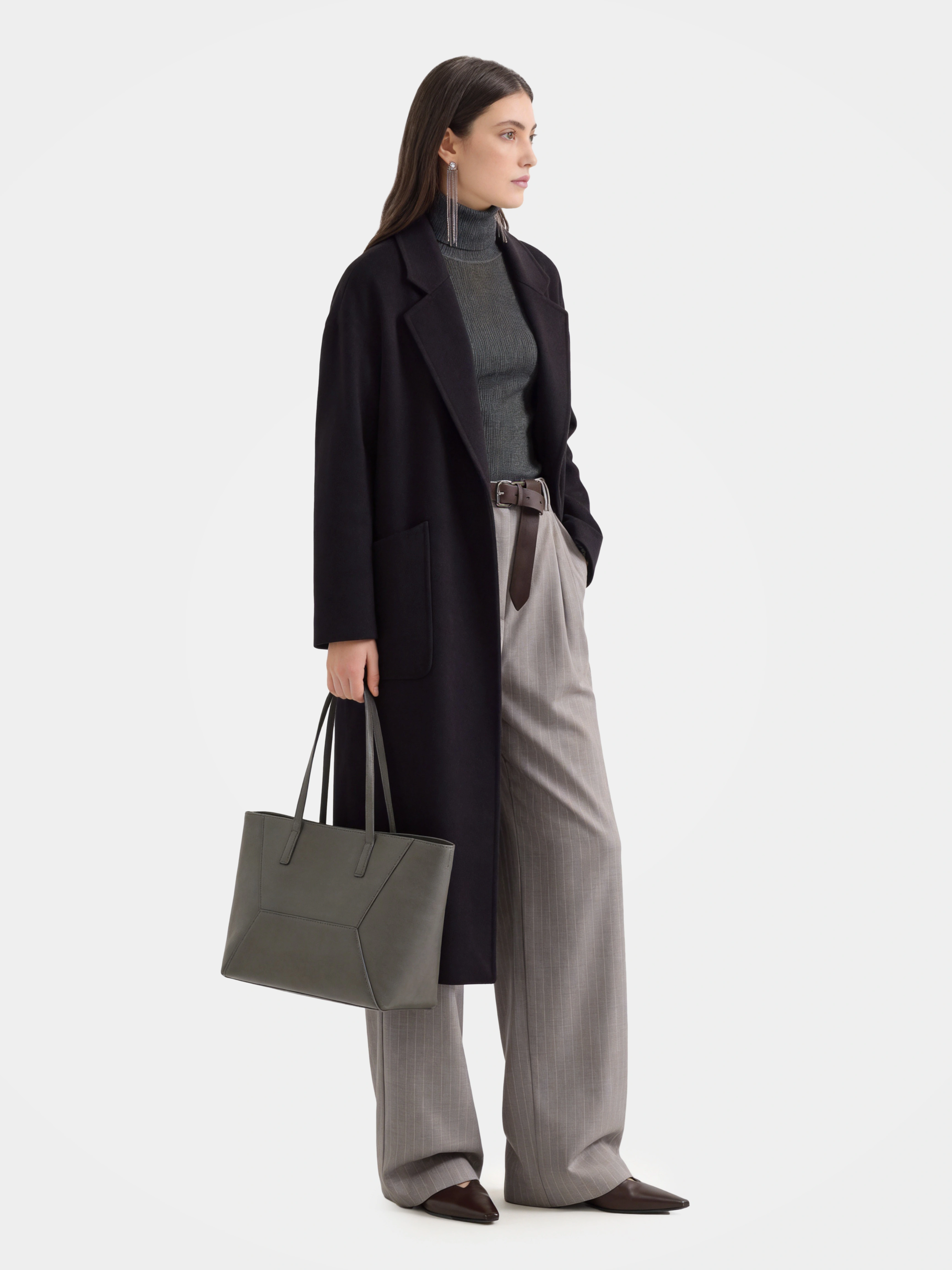 Wool Long Wool Blend Coat Open Front Tailored Overcoat with Notched Lapels bathrobe