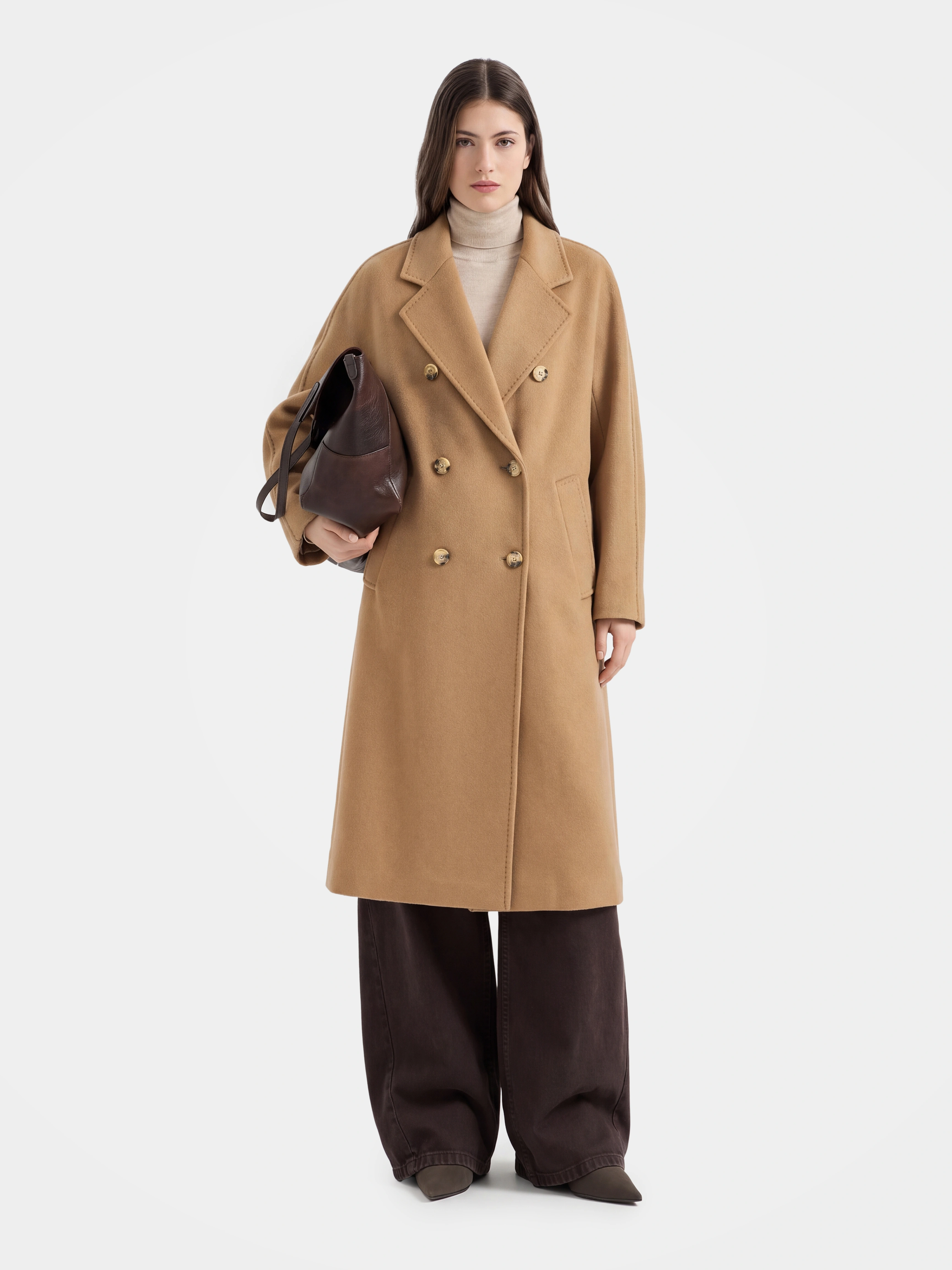 Wool Double Breasted Long Coat Notched Lapel Tailored Overcoat