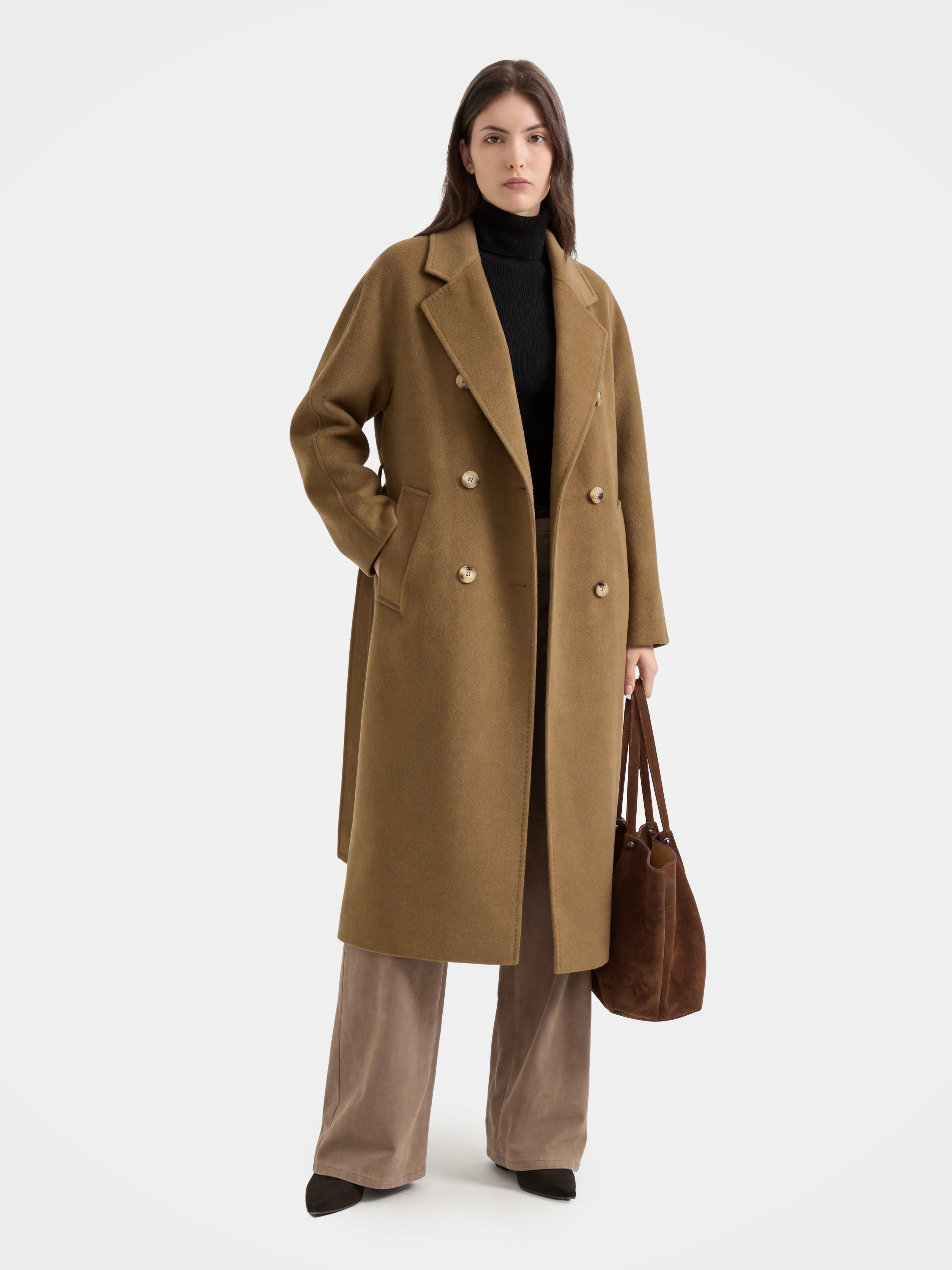Wool Double Breasted Long Coat Notched Lapel Tailored Overcoat