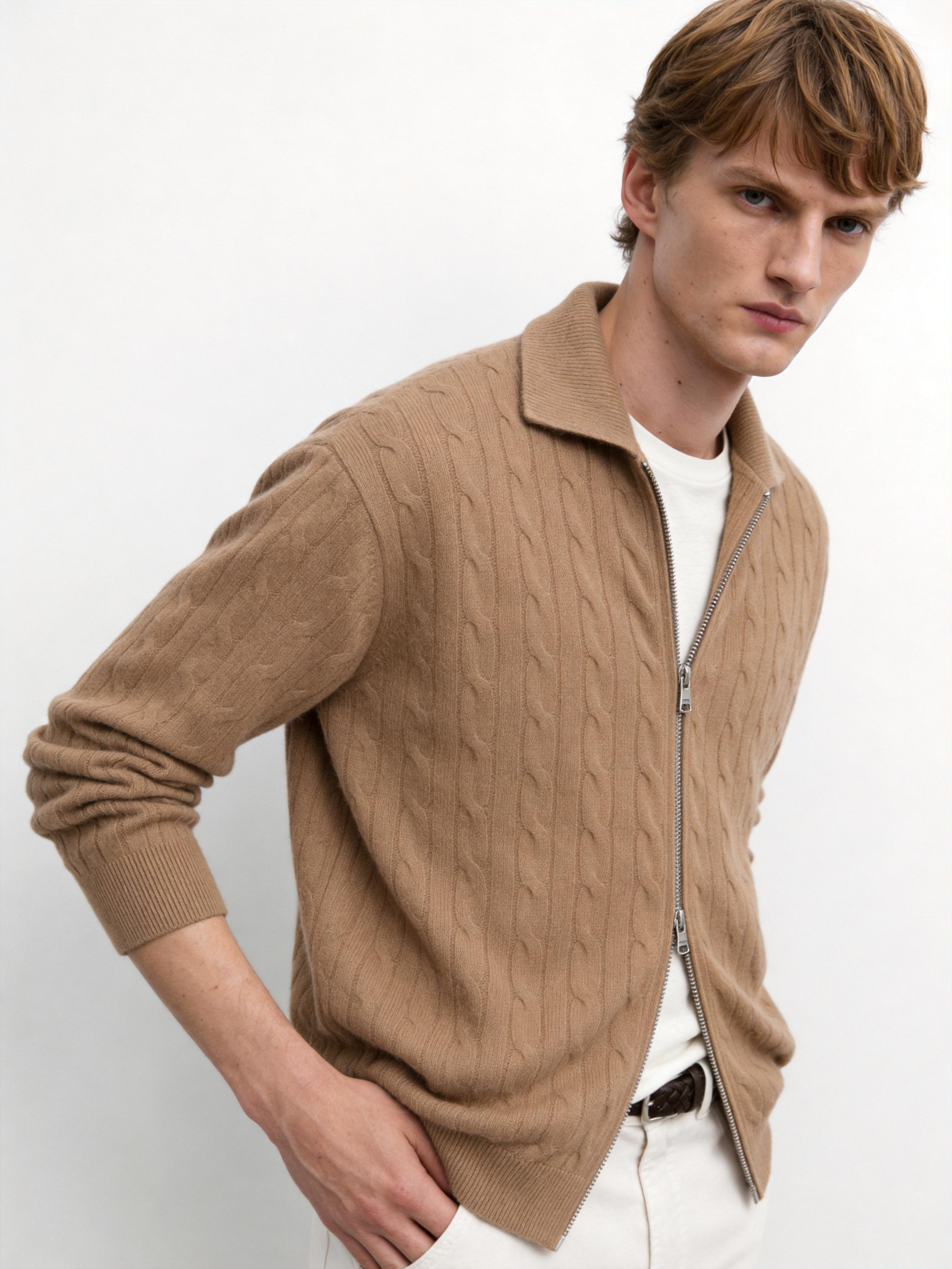 Men's 100% Cashmere Collared Zip Cable Knit Cardigan