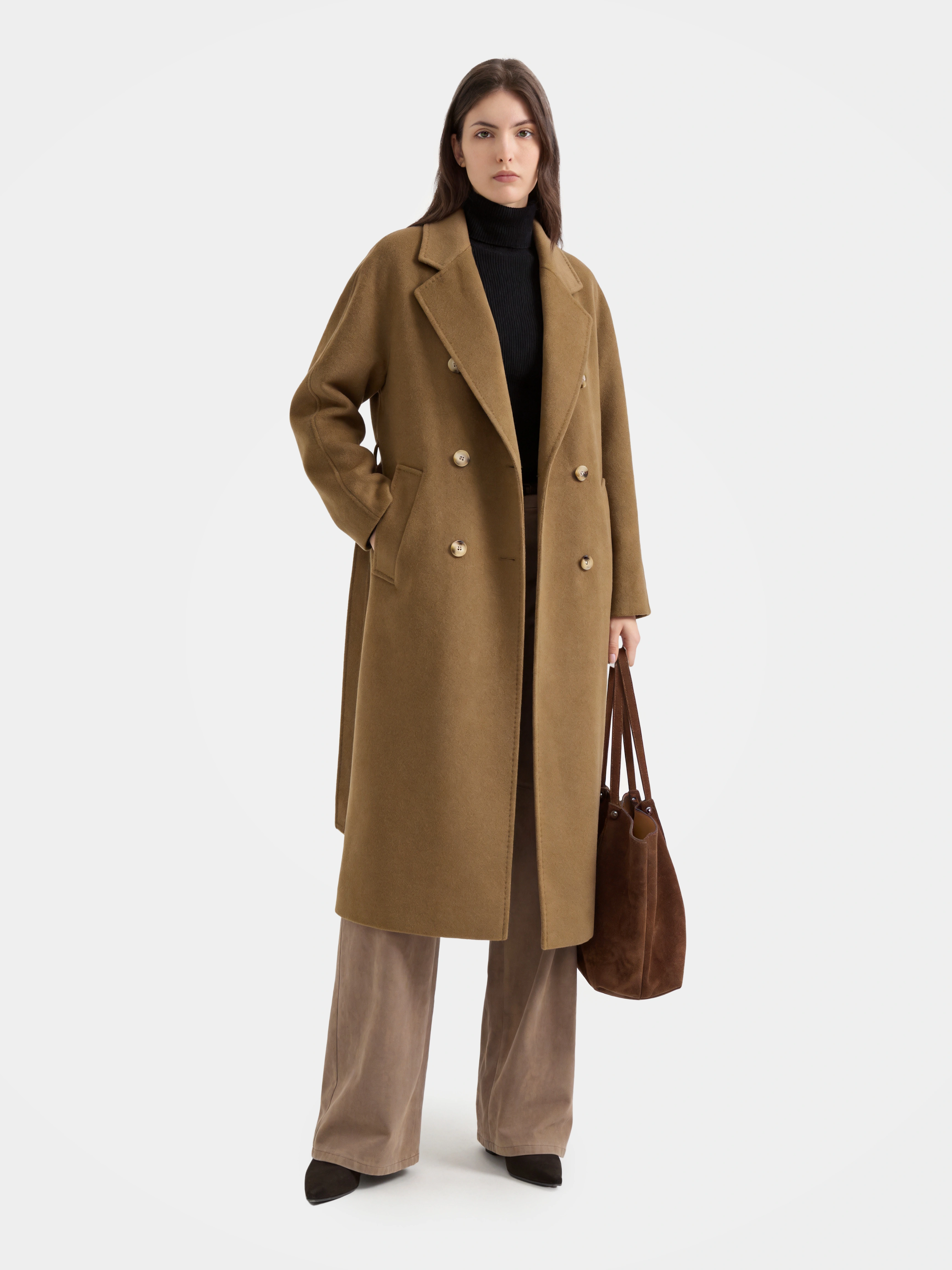Women’s Wool Double Breasted Long Coat with Notched Lapel - Warm Elegant Winter Jacket