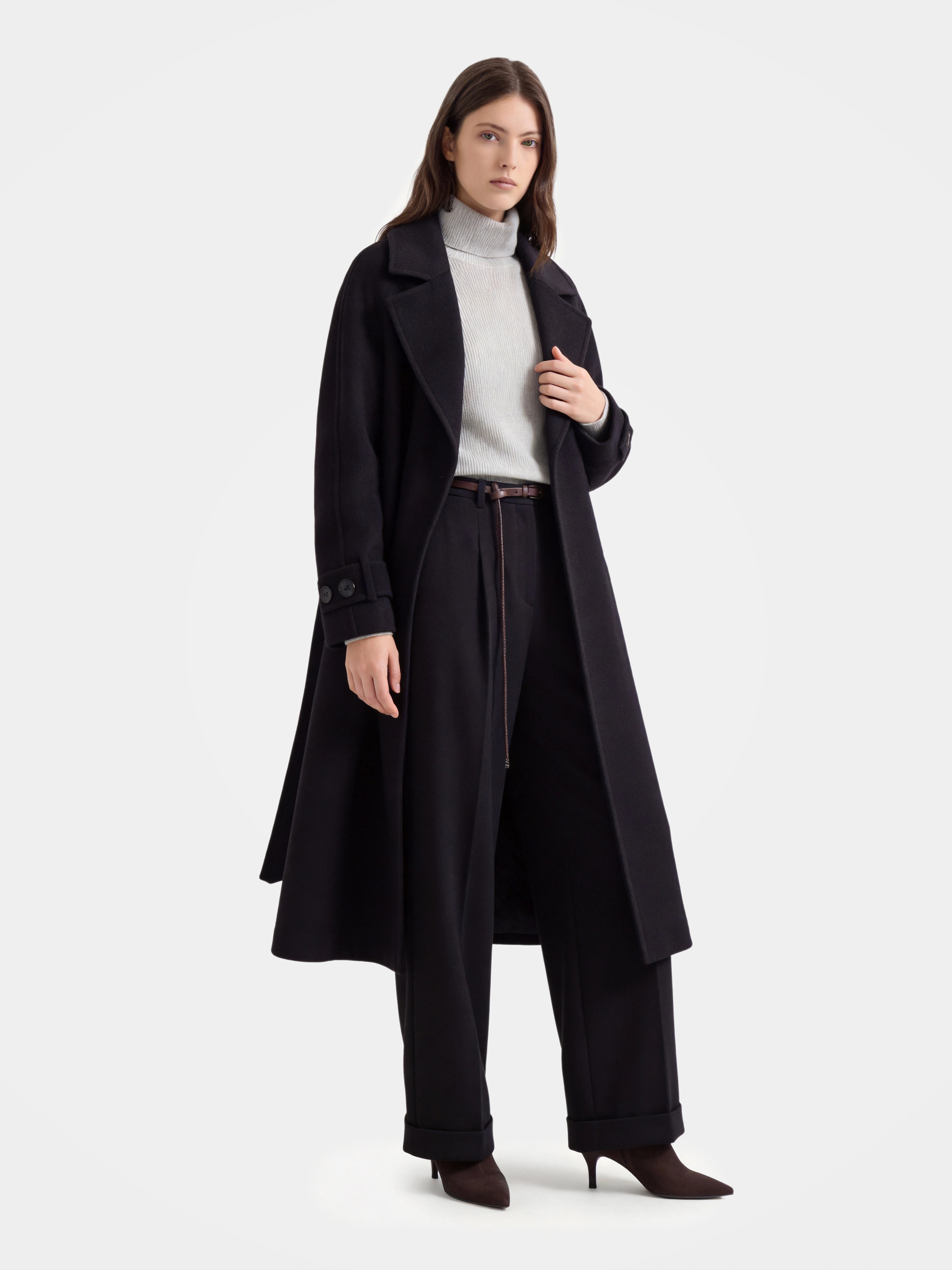 100% Cashmere Notched Lapel Belted Long Coat