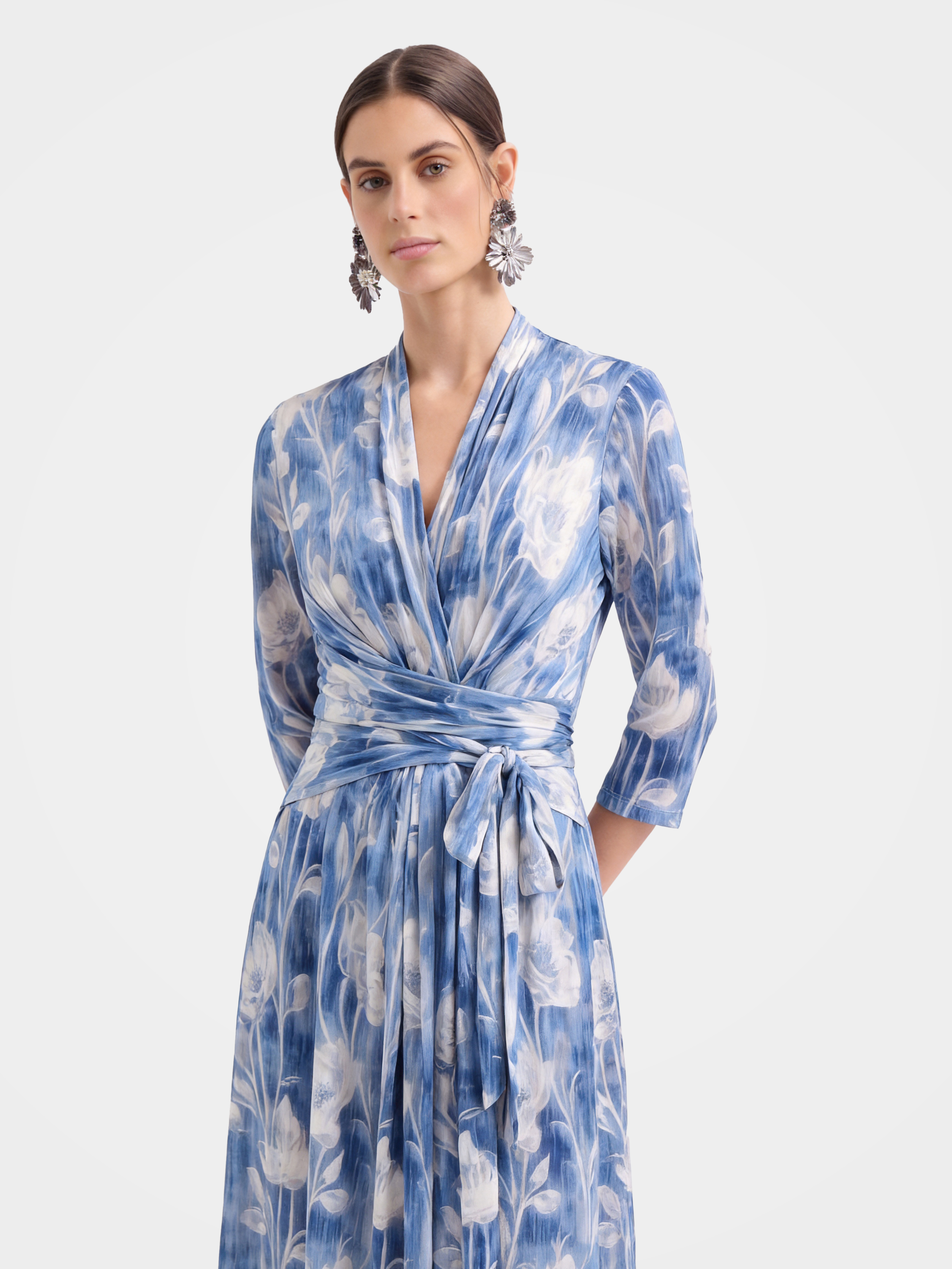 100% Mulberry Silk Floral Print Midi Dress