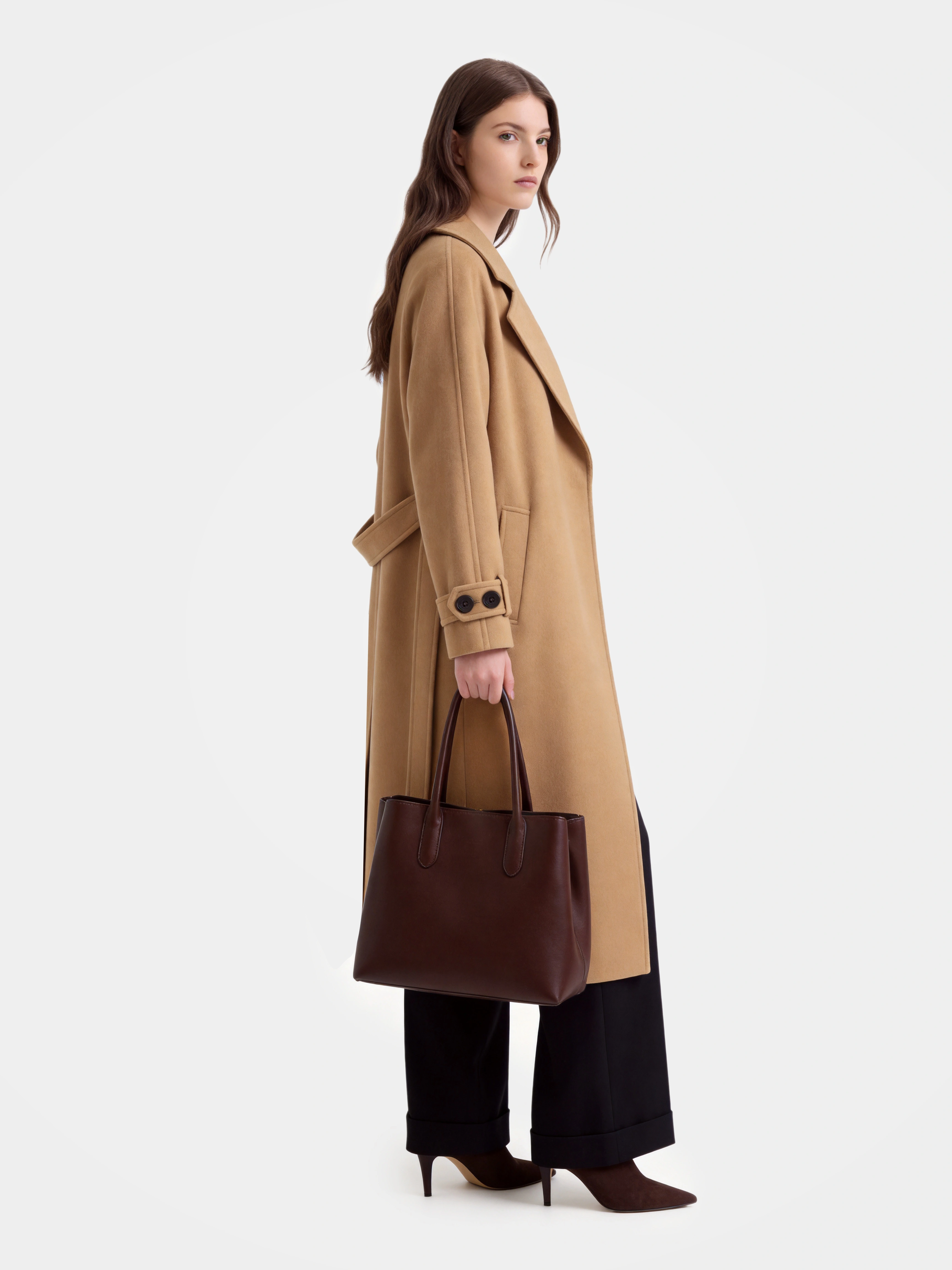 100% Cashmere Notched Lapel Belted Long Coat