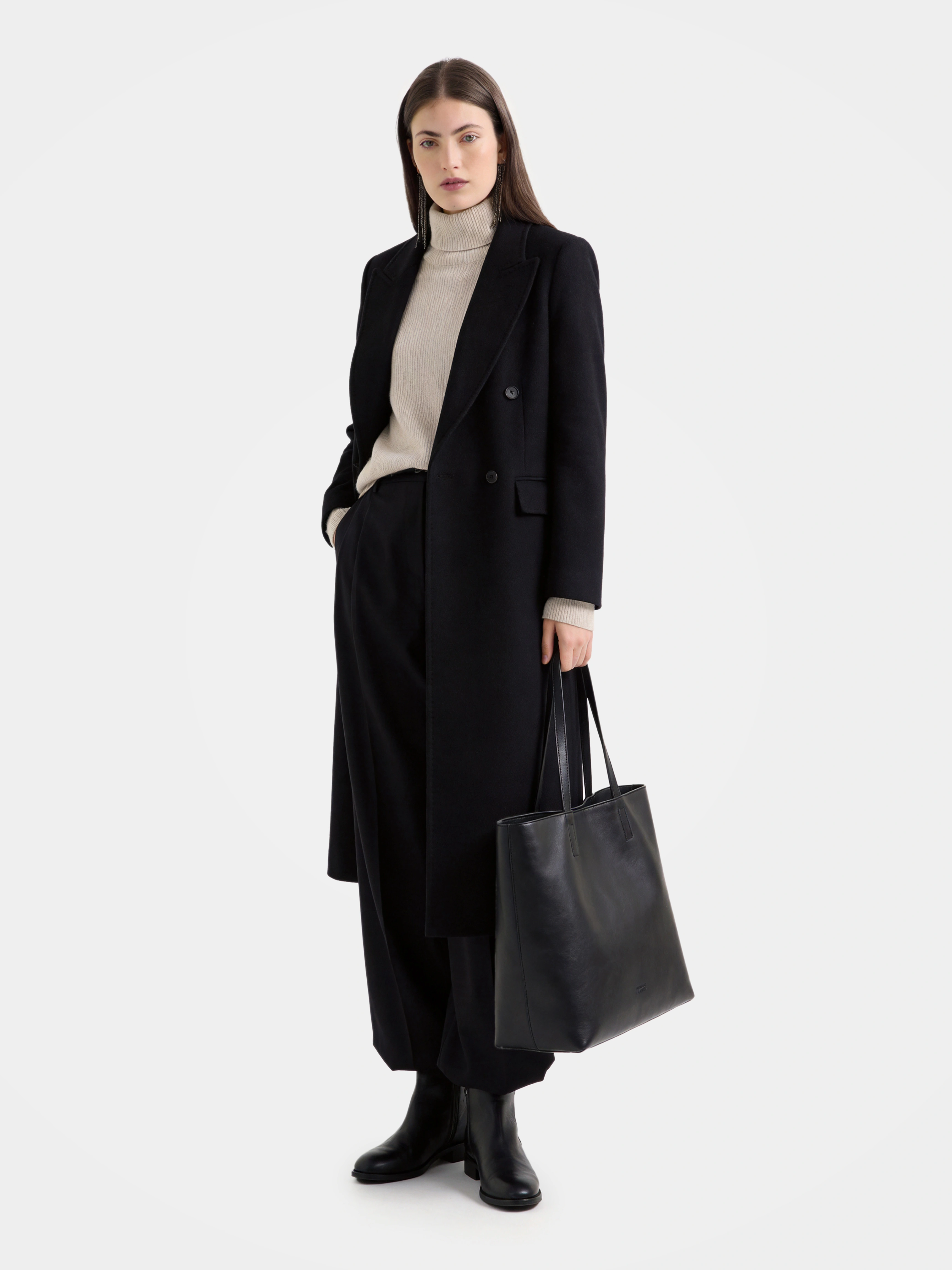 100% Cashmere Notched Lapel Double-Breasted Long Coat