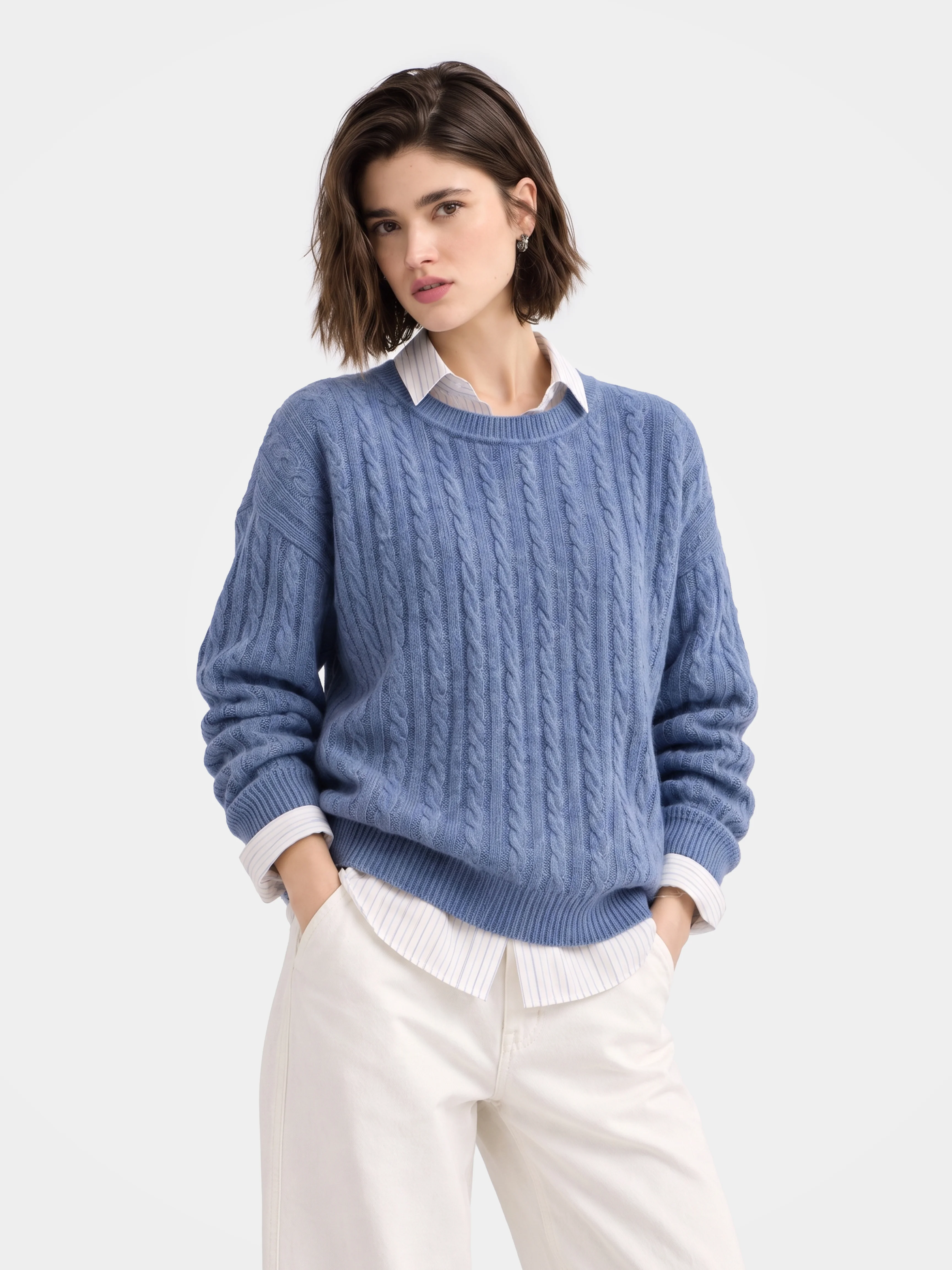 Cable-Knit Wool-Cashmere Crew Neck Sweater