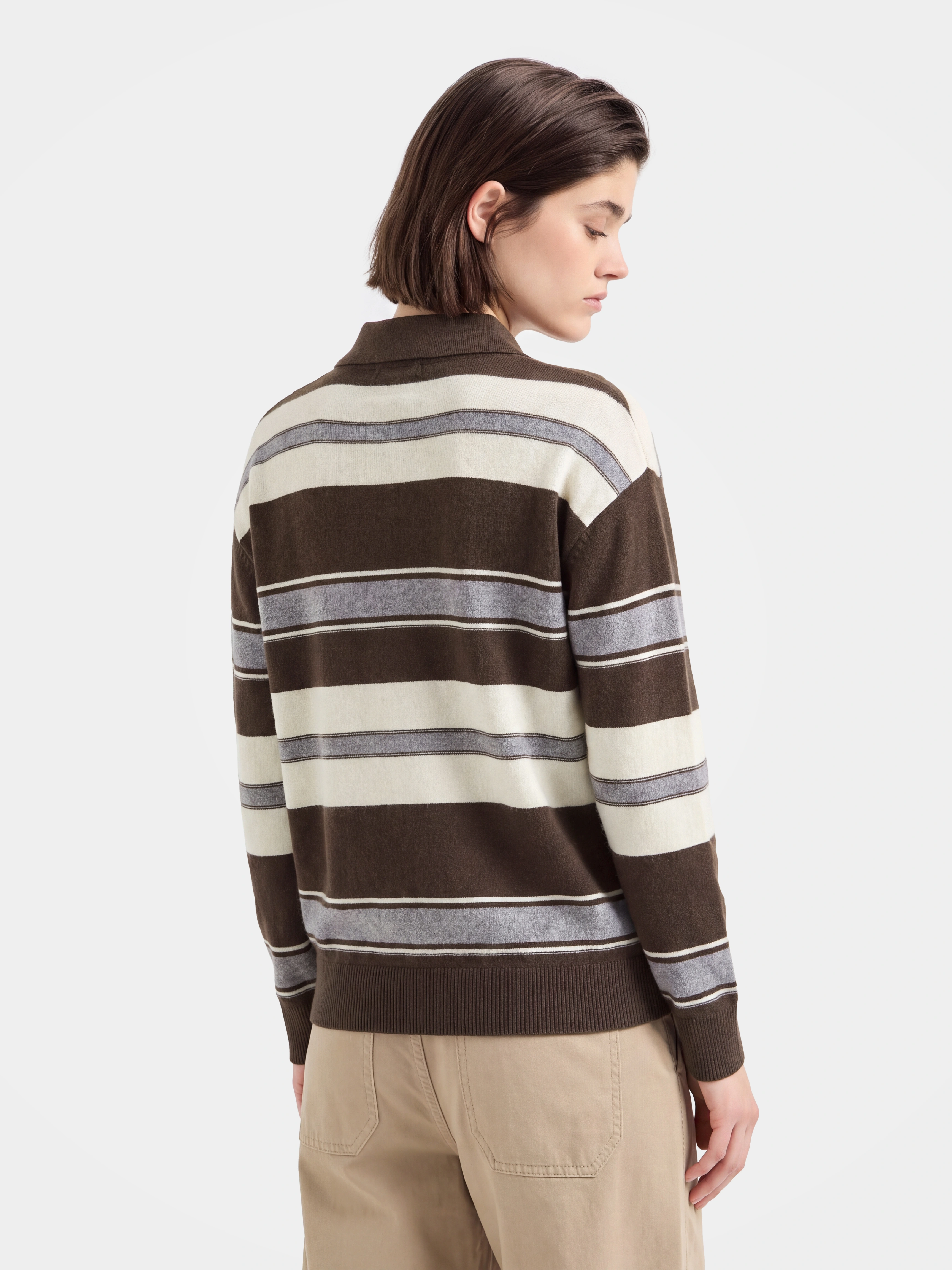 100% Cashmere Striped Polo Collar Long Sleeve Knit Sweater