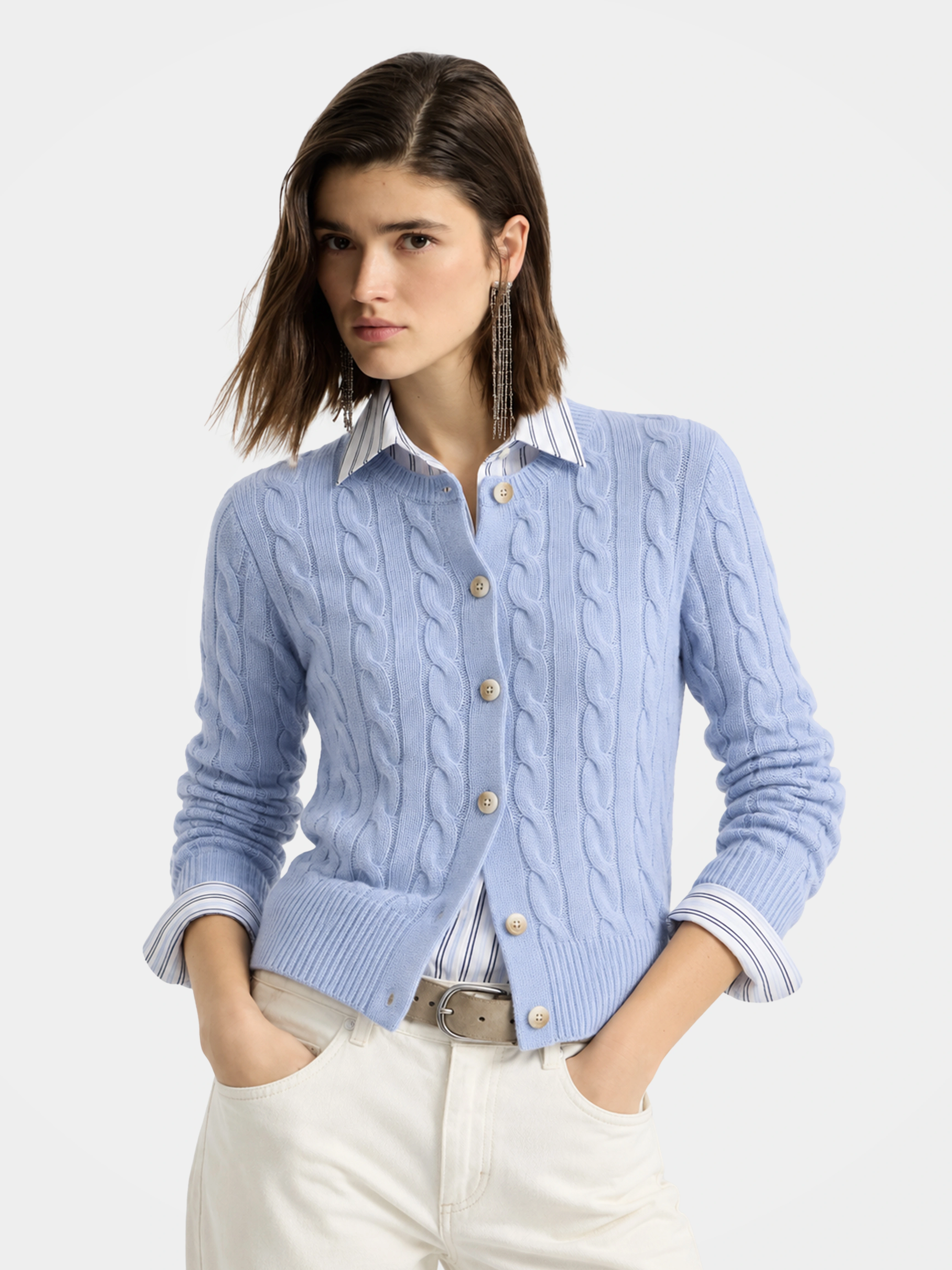 100% Mongolian Cashmere Cable Knit Crew Neck Button Cardigan