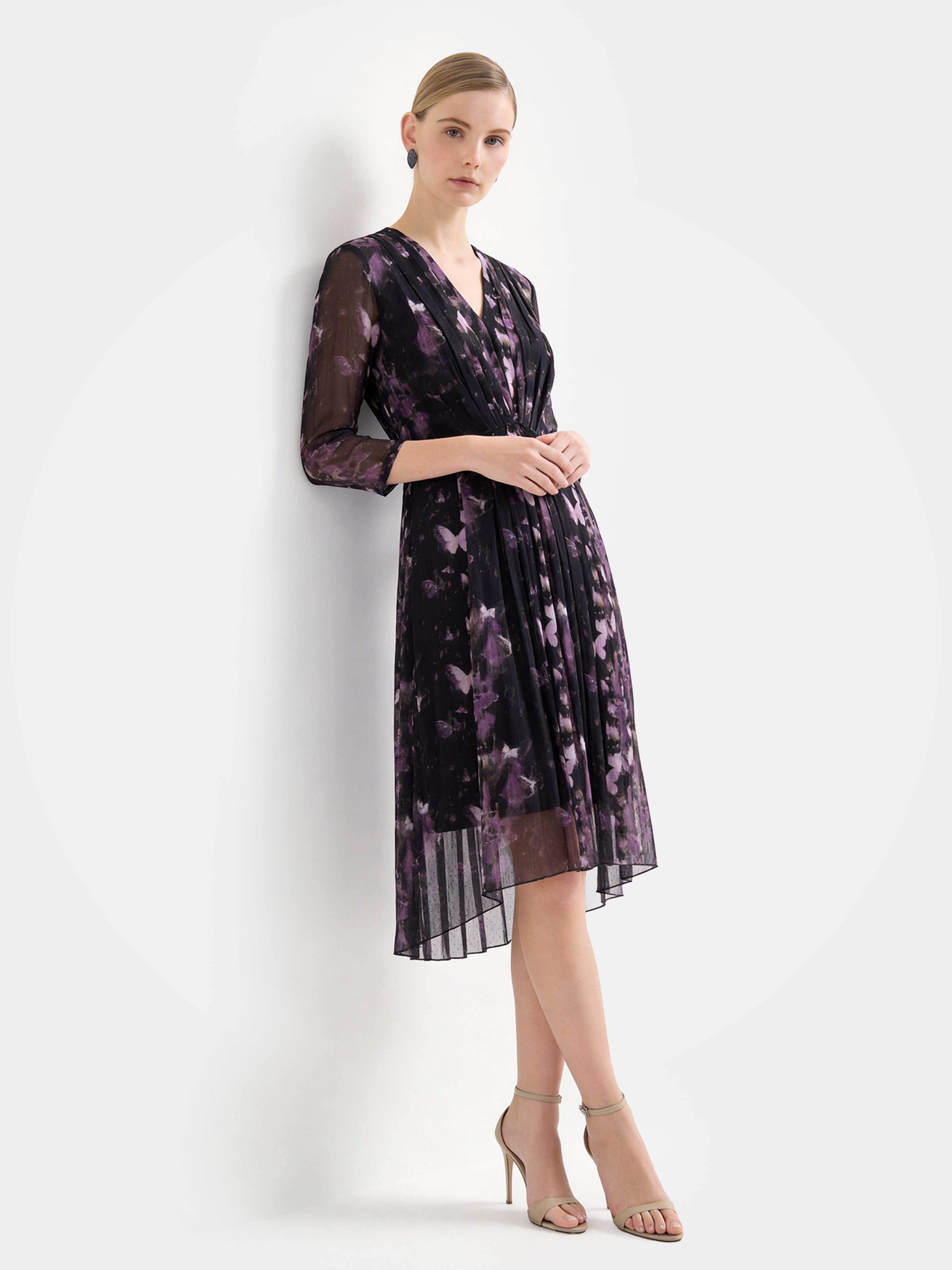 Sheer Printed Mulberry Silk Midi-Length Dress