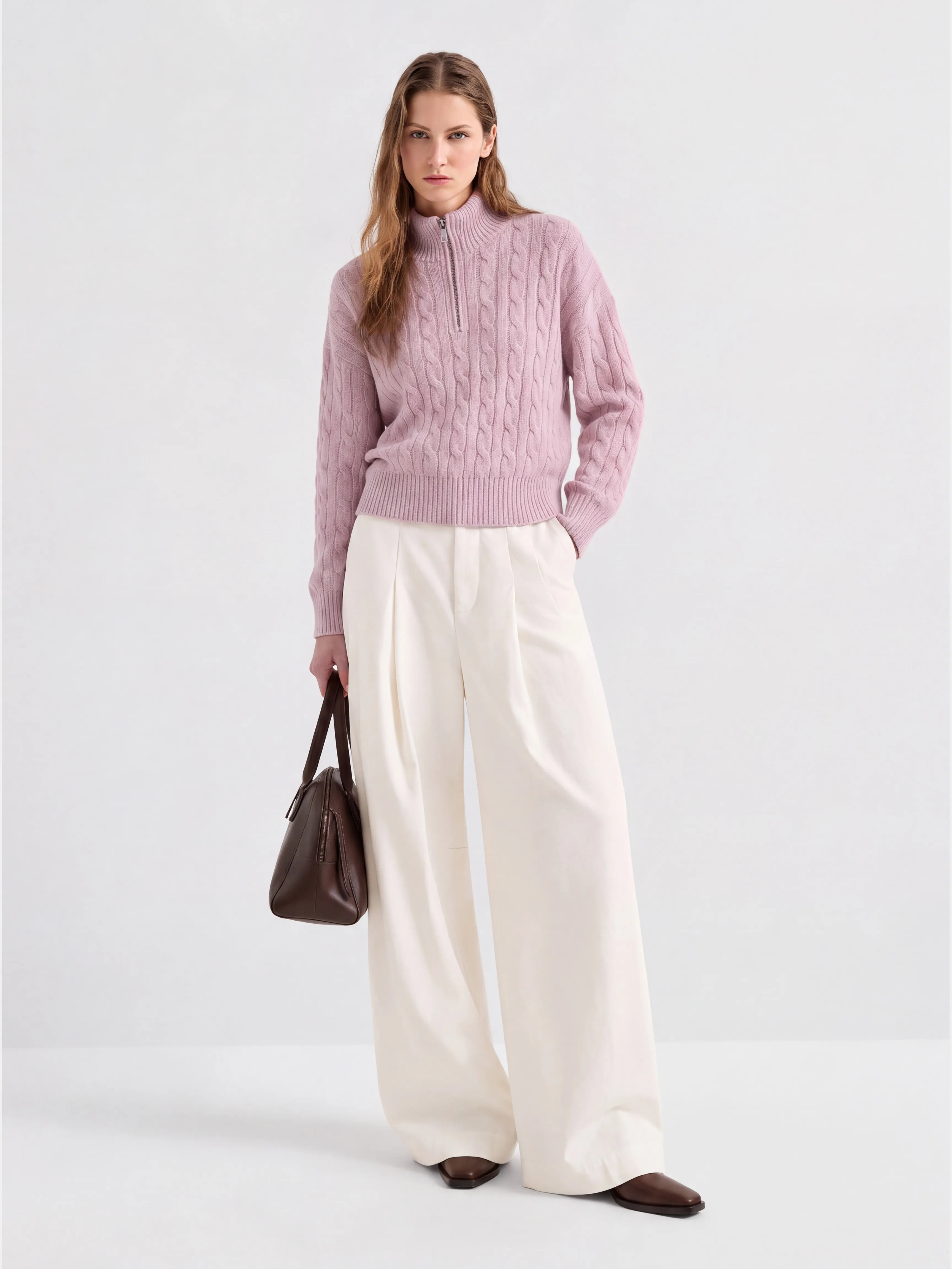 100% Mongolian Cashmere Cable Knit Half-Zip Polo Sweater